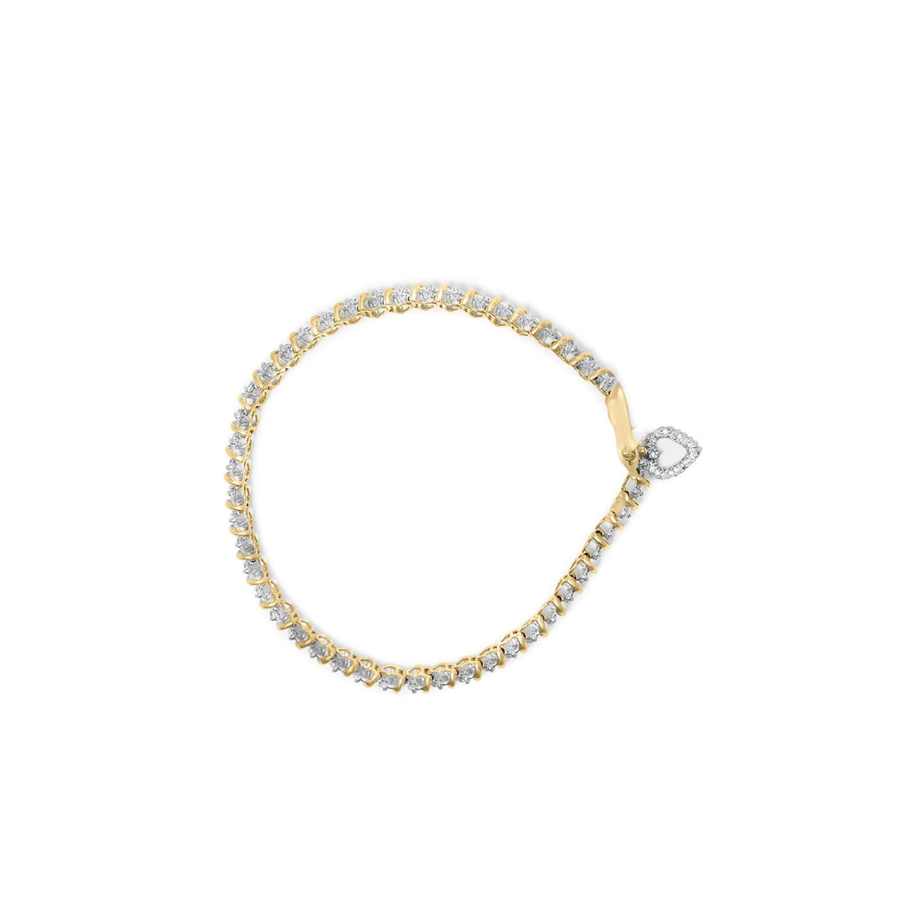 10K Yellow Gold 2.0 Cttw Diamond 2 Row Link and Heart Charm 7" Link Bracelet (I-J Color, I3 Clarity)-2