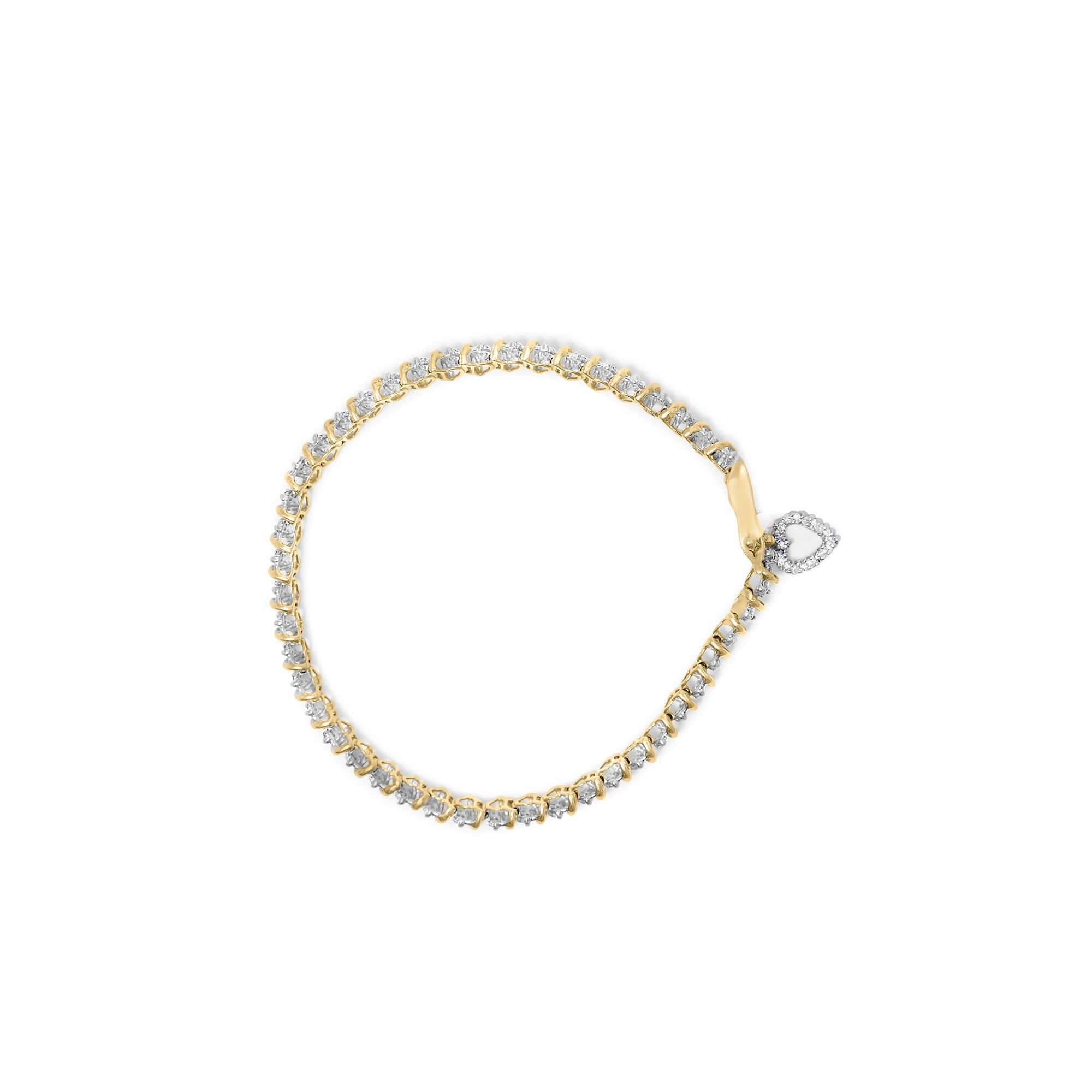 10K Yellow Gold 2.0 Cttw Diamond 2 Row Link and Heart Charm 7" Link Bracelet (I-J Color, I3 Clarity)-2