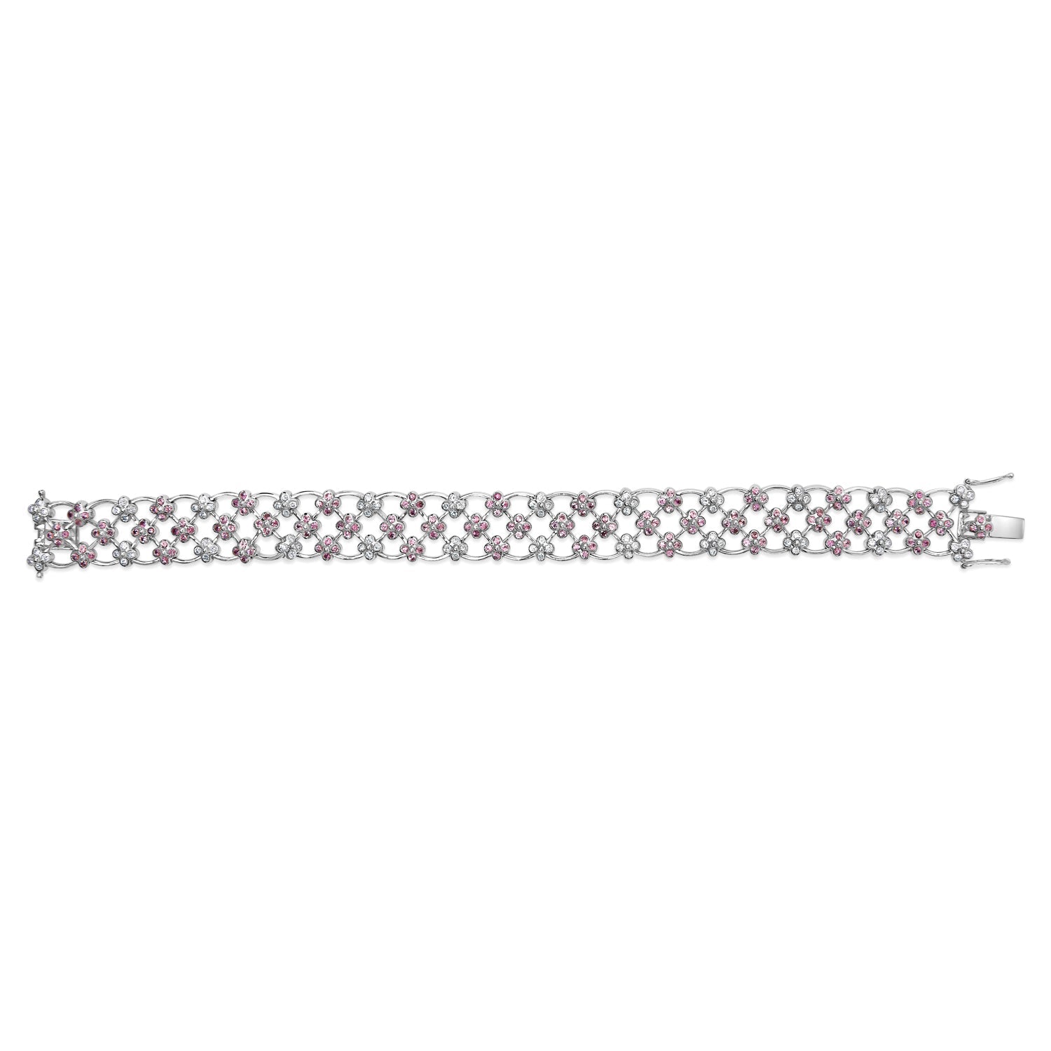 14K White Gold Pink Sapphire and Diamond Floral Lattice Link Bracelet - 7.25" Inches-2