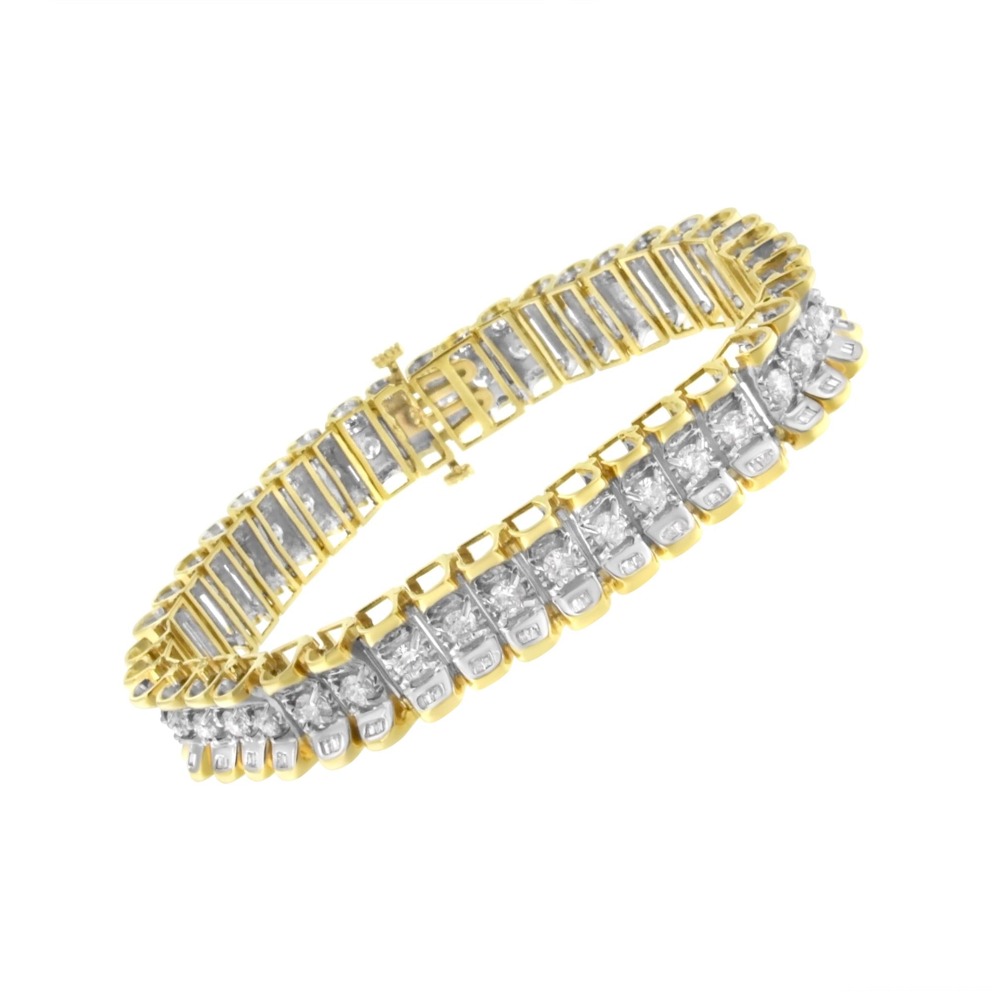 14K Yellow and White Gold 5.0 Cttw Round & Baguette Cut Diamond 7" Reflective Tennis Bracelet (H-I Color, I1-I2 Clarity)-2