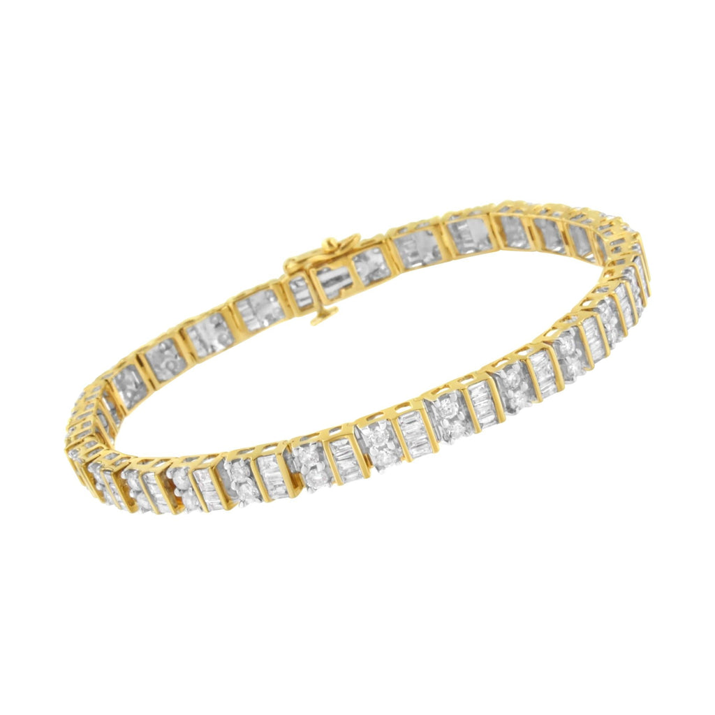 10K Yellow Gold 4.0 Cttw Alternating Baguette & Round Cut Diamond Bezel- & Prong-Set 7" Tennis Bracelet (G-H Color, SI1-SI2 Clarity)-2