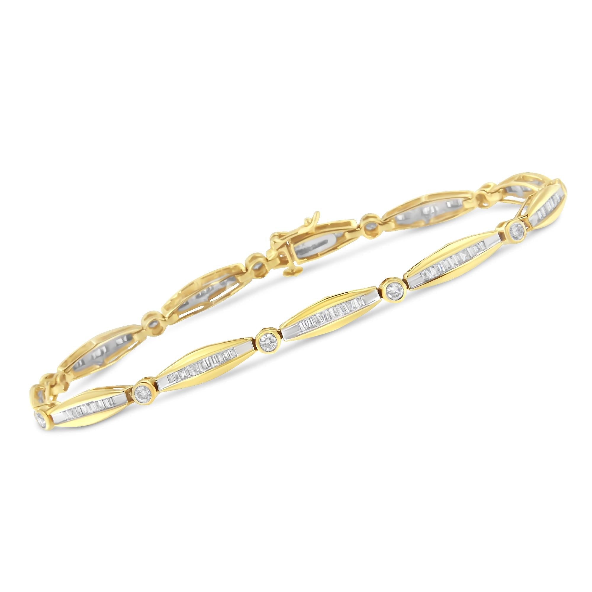 14K Yellow Gold 1-1/2 Cttw Round Brilliant-Cut & Baguette Cut Diamond Bezel and Tapered Link 7" Tennis Bracelet (H-I Color, I1-I2 Clarity)-2