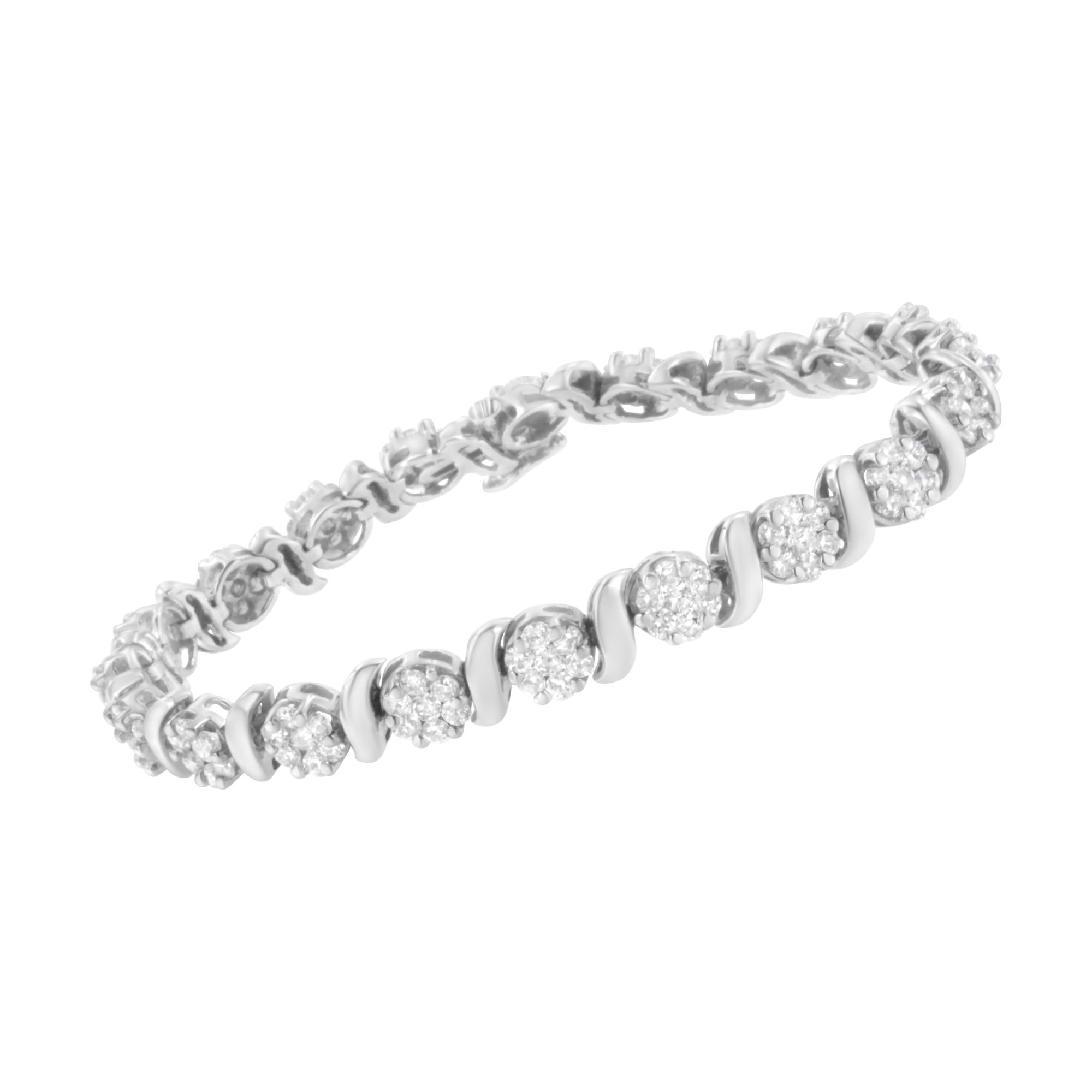 14K White Gold 5 1/4 cttw Diamond S-Link Floral Cluster Tennis Bracelet (I-J Clarity, SI2-I1 Color) - Size 7"-2