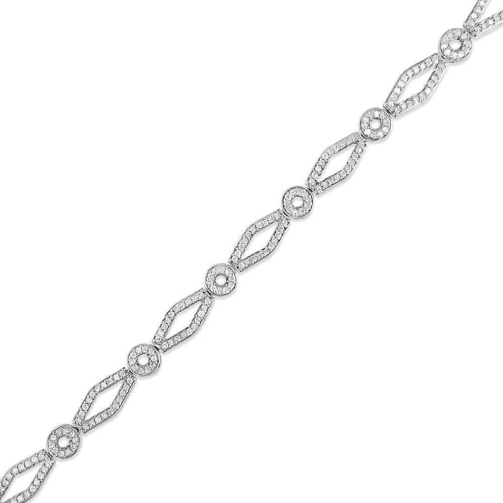 .925 Sterling Silver 1 1/2 Cttw Diamond Studded Alternating Circle and Kite-Shaped Vintage-Style Link Bracelet (I-J Color, I2-I3 Clarity) 7 Inch-2