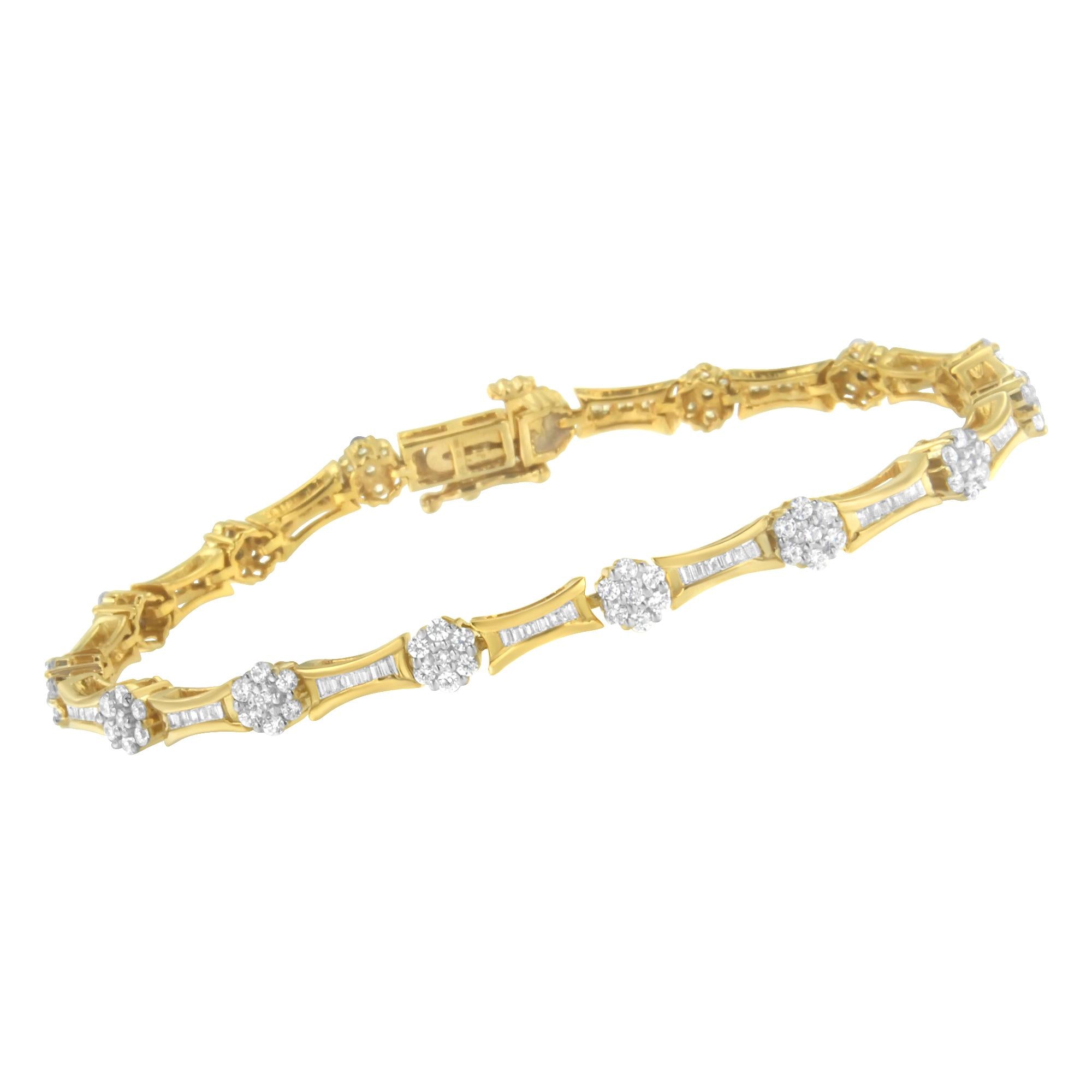 10K Yellow and White Gold 2.00 cttw Round and Baguette-Cut Diamond Link Bracelet (I-J Color, I2-I3 Clarity) - Size 7.25"-2