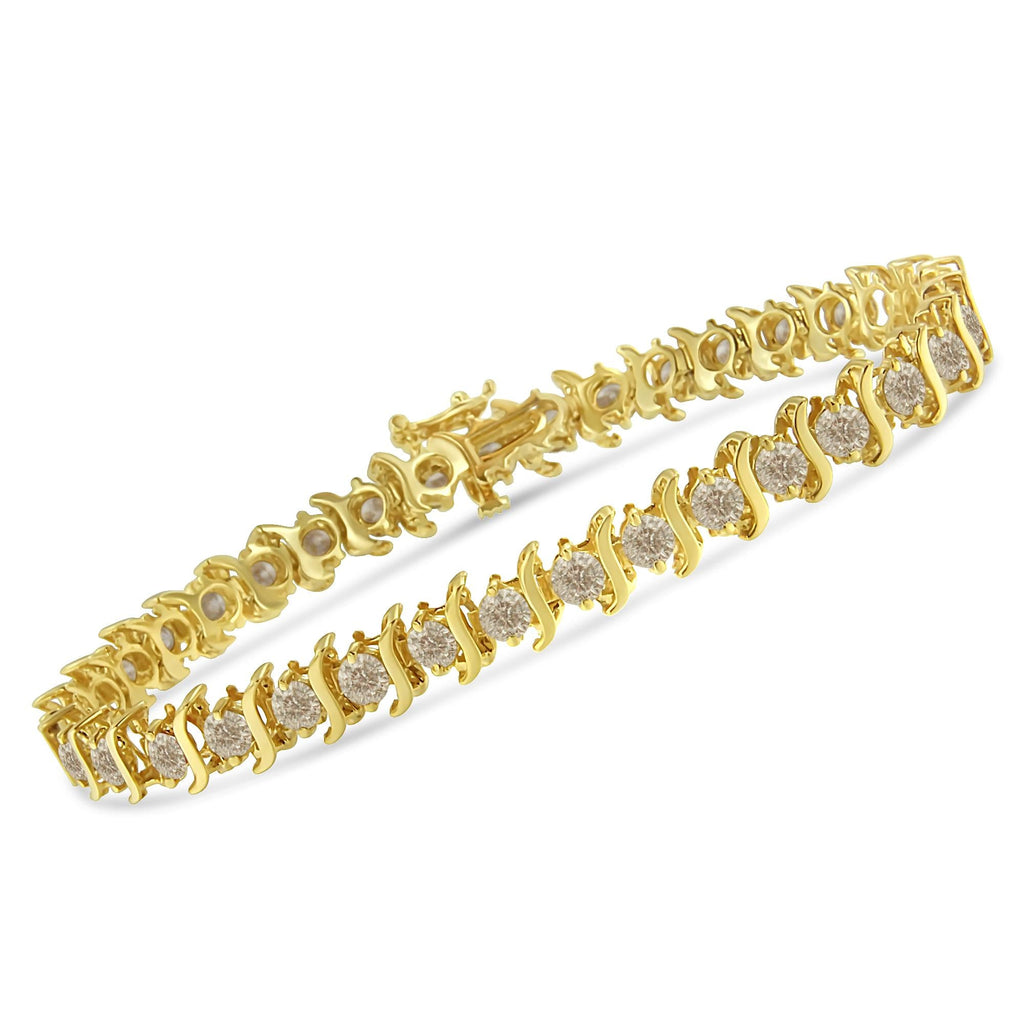 10K Yellow Gold Plated .925 Sterling Silver 7.0 cttw 2-Prong Set Round Brilliant Cut Diamond "S" Link Bracelet (J-K color, I1-I2 clarity) - 7"-2