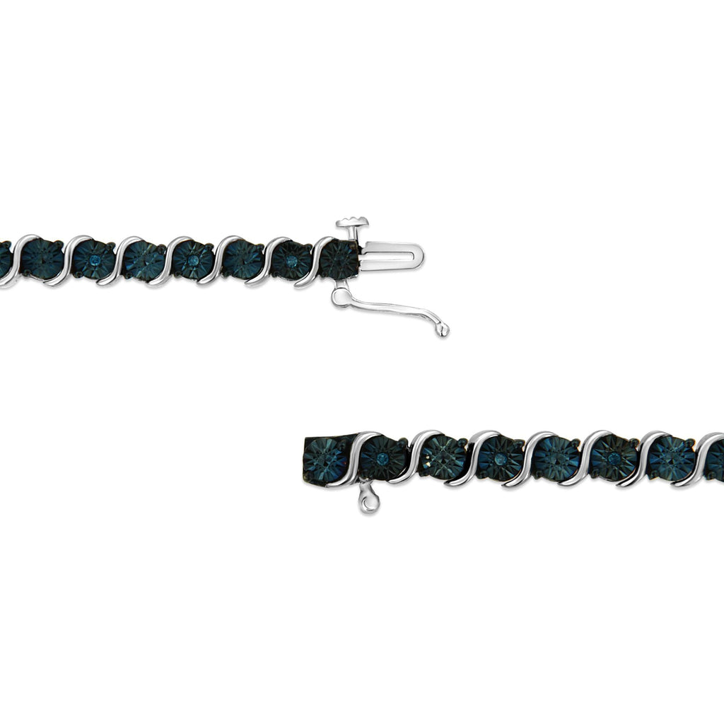 .925 Sterling Silver 1/10 Cttw Miracle-Set Treated Blue Color Diamond Miracle Plate "S" Link Tennis Bracelet (Blue Color, I2- I3 Clarity) - 7.25"-2