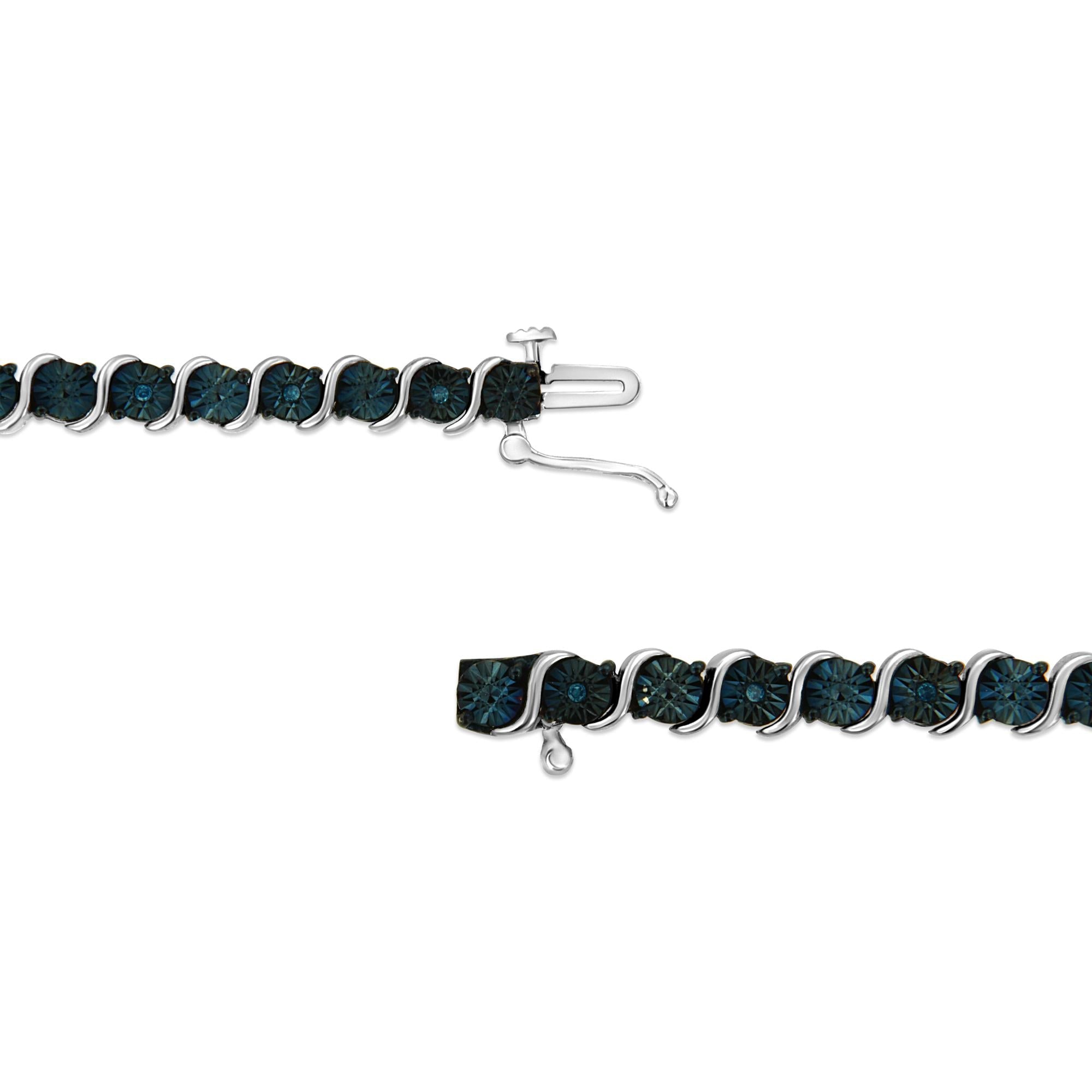 .925 Sterling Silver 1/10 Cttw Miracle-Set Treated Blue Color Diamond Miracle Plate "S" Link Tennis Bracelet (Blue Color, I2- I3 Clarity) - 7.25"-2