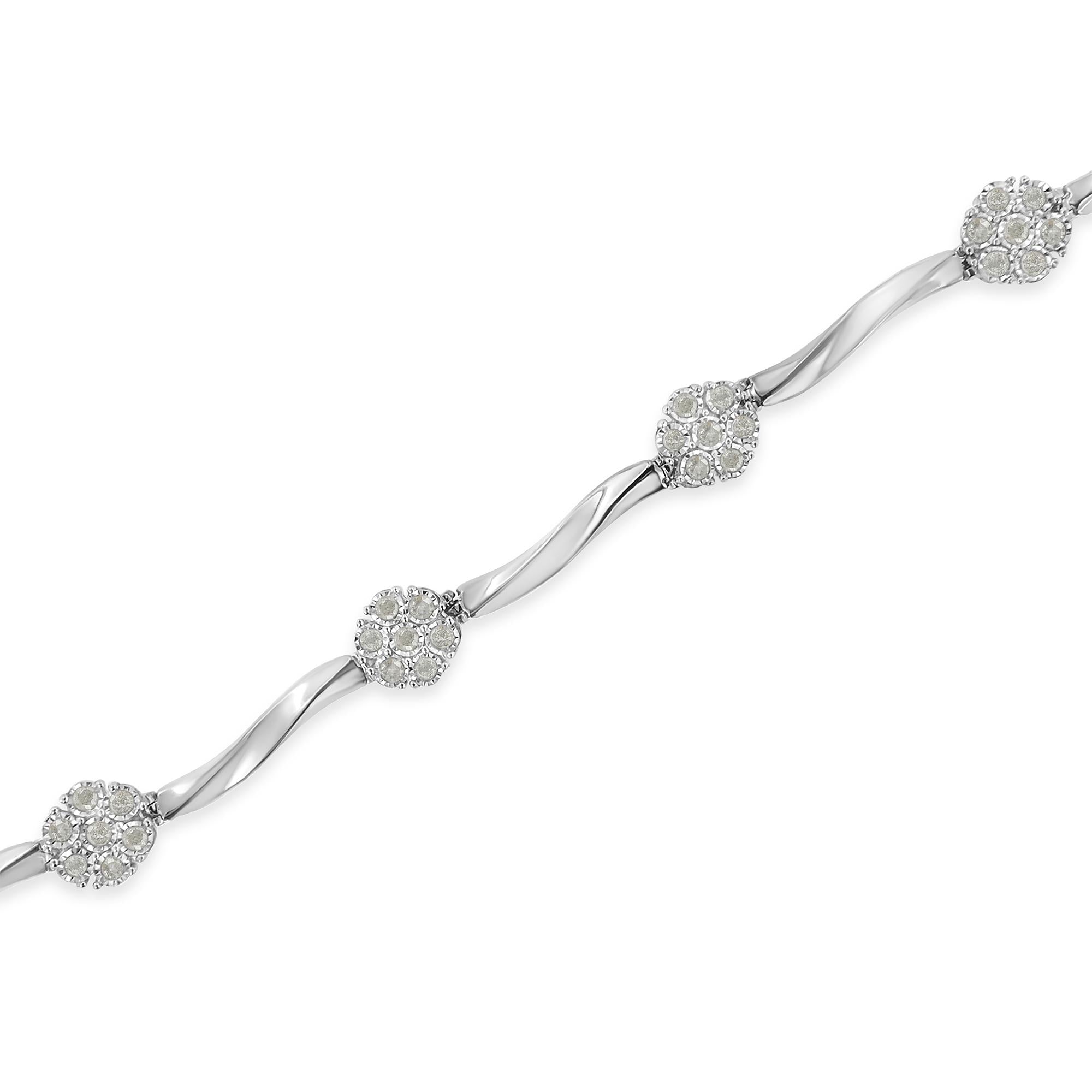 .925 Sterling Silver 1.0 Cttw Diamond Cluster Miracle-Set Station & Twisted Bar 7" Tennis Bracelet (H-I Color, I1-I2 Clarity)-2