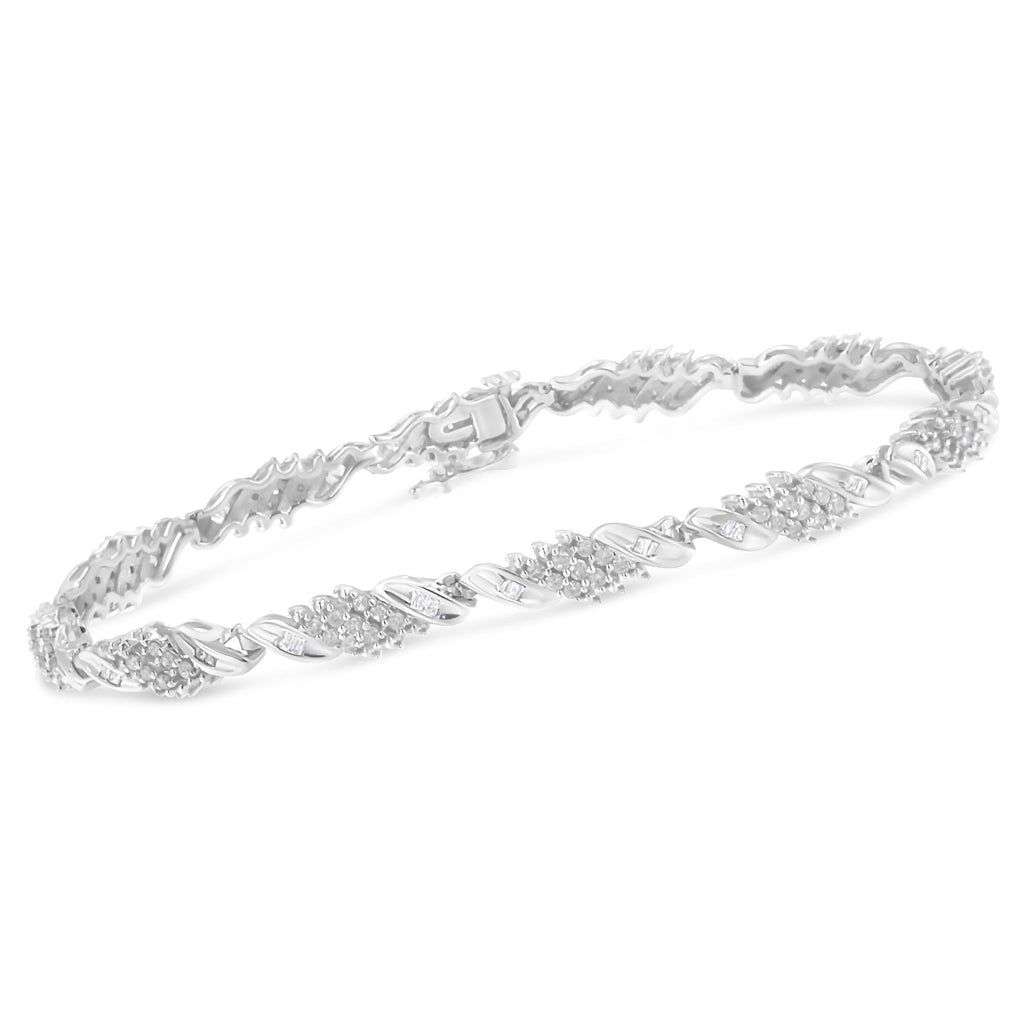 .925 Sterling Silver 1-1/2 Cttw Round and Baguette Cut Diamond Wave Link Bracelet (I-J Color, I2-I3 Clarity) - 7"-2