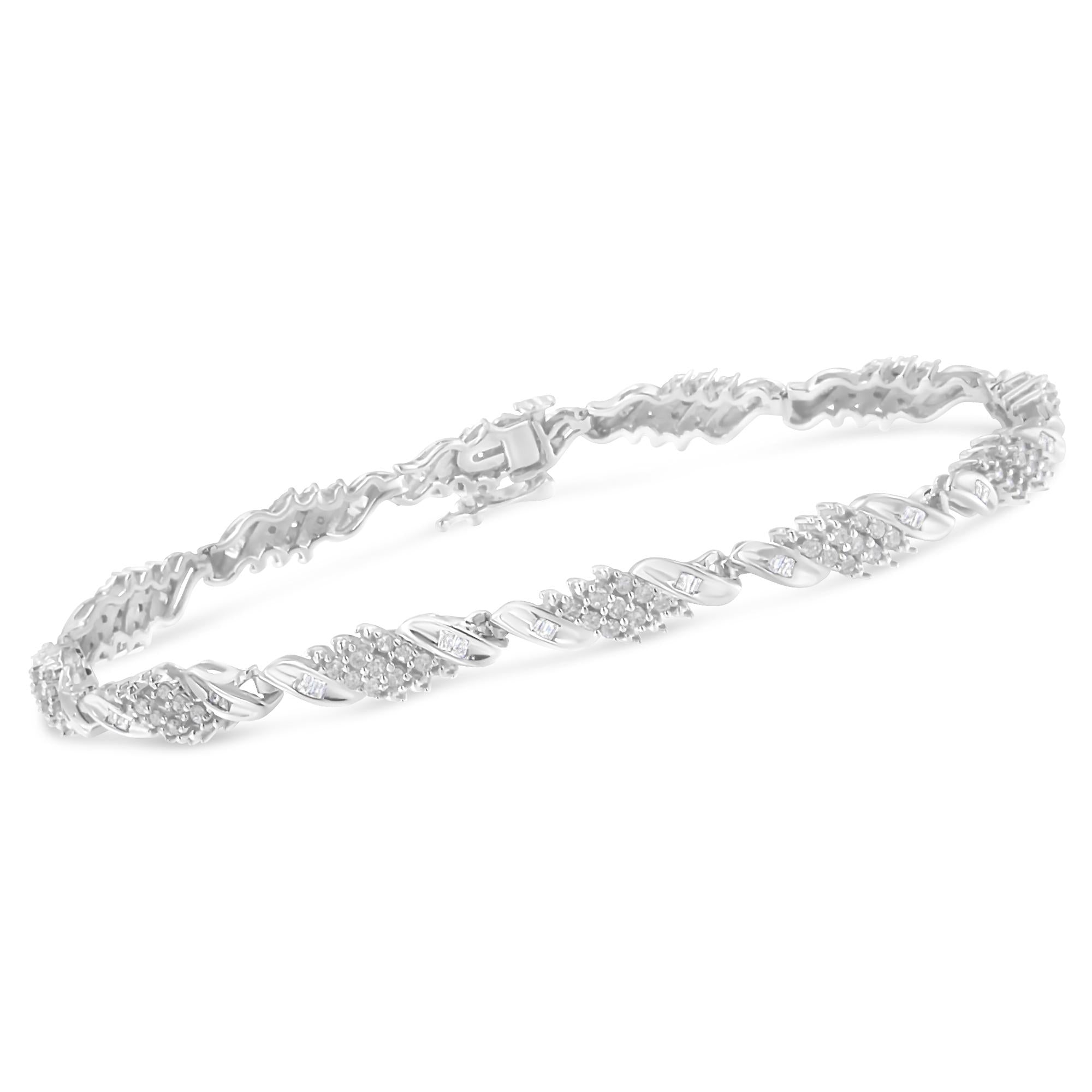 .925 Sterling Silver 1-1/2 Cttw Round and Baguette Cut Diamond Wave Link Bracelet (I-J Color, I2-I3 Clarity) - 7"-2