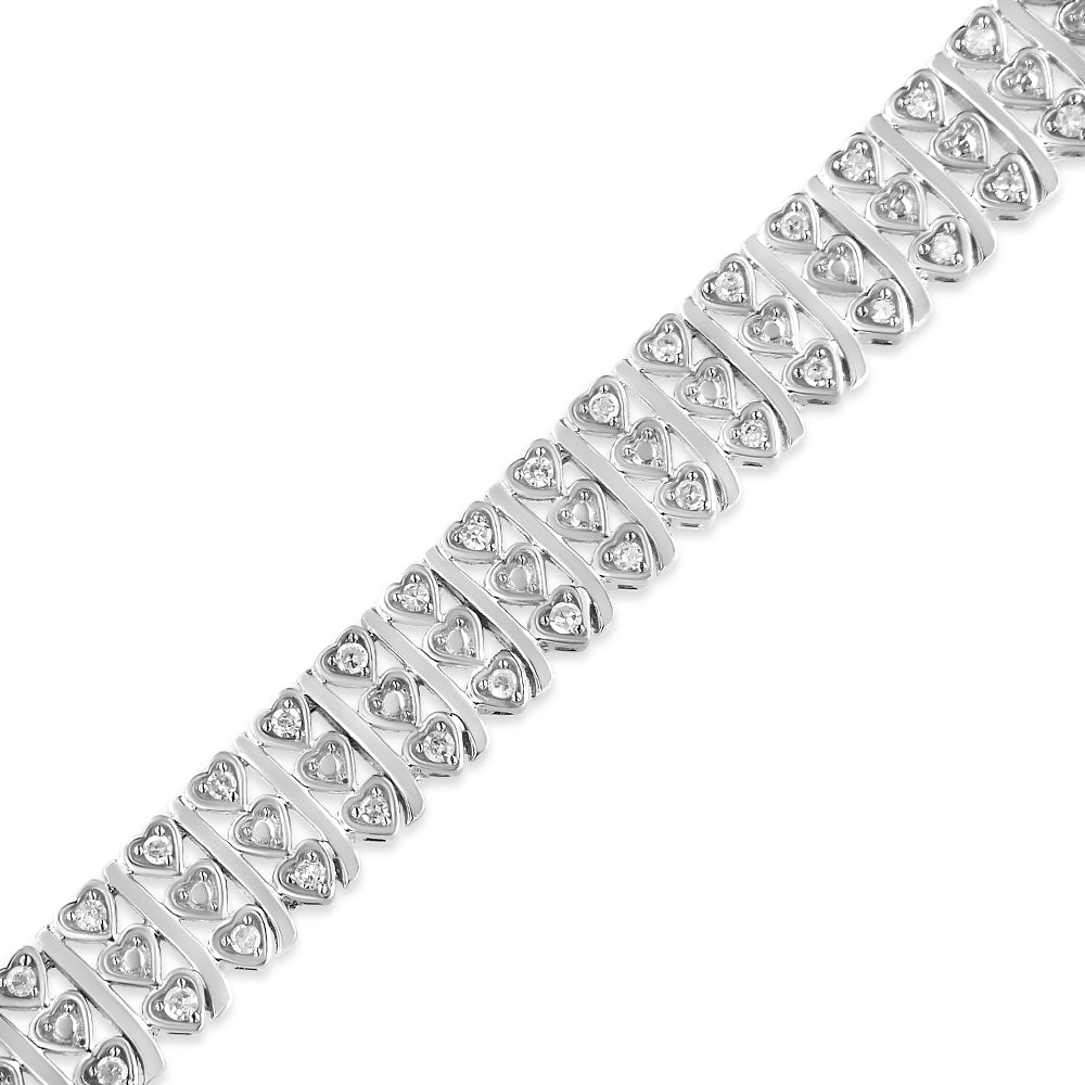 .925 Sterling Silver 1.00 Cttw Diamond Multi Row Heart Link Bracelet (H-I Color, I1-I2 Clarity) - 7.25" Inches-2