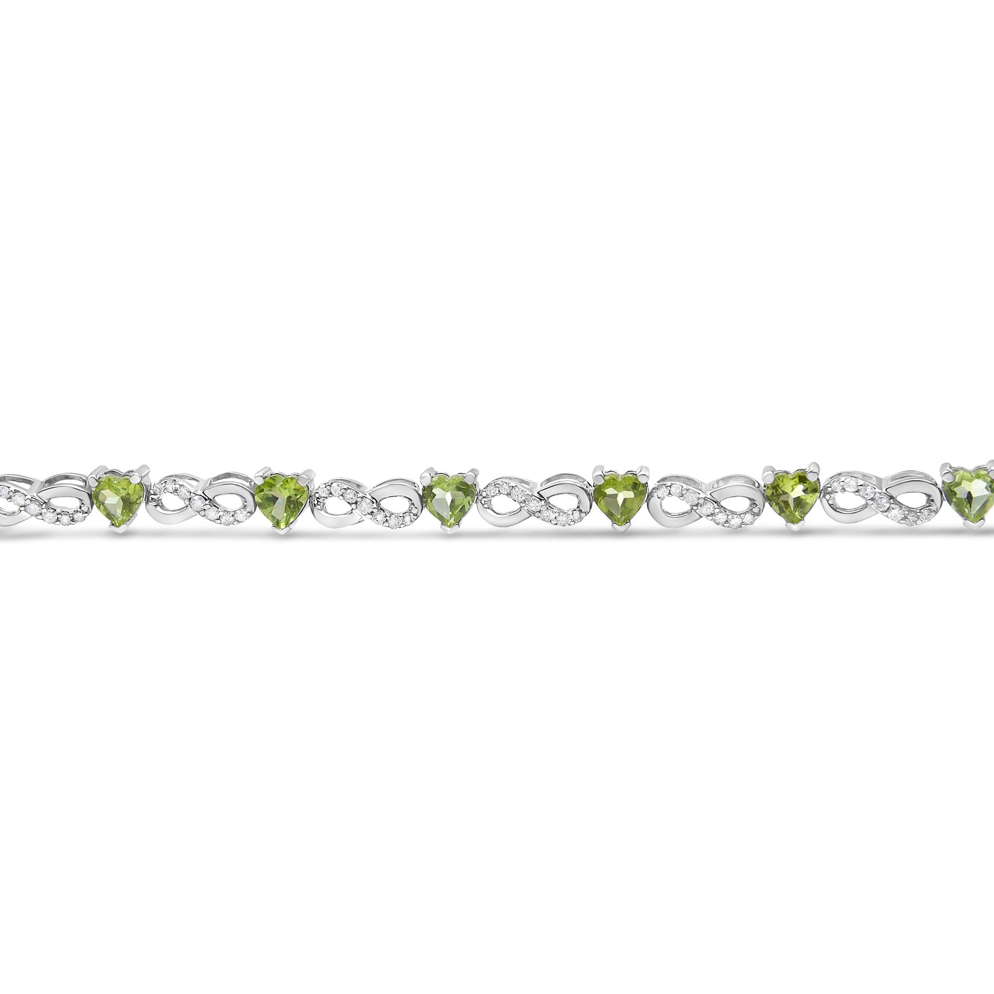 .925 Sterling Silver 1.00 Cttw Diamond and 4.00mm Lab Created Green Heart-Shaped Peridot Infinity Link Bracelet (I-J Color, I2-I3 Clarity) - 7.25"-4