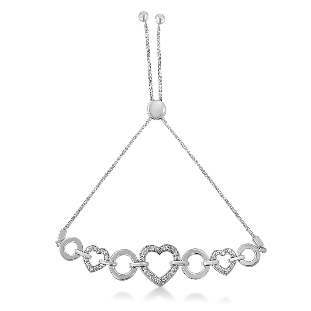 .925 Sterling Silver 1/10 Cttw Round-Cut Diamond Heart-Link Adjustable Bolo Bracelet ( H-I Color, I2-I3 Clarity) - 6"-9" Adjustable-2