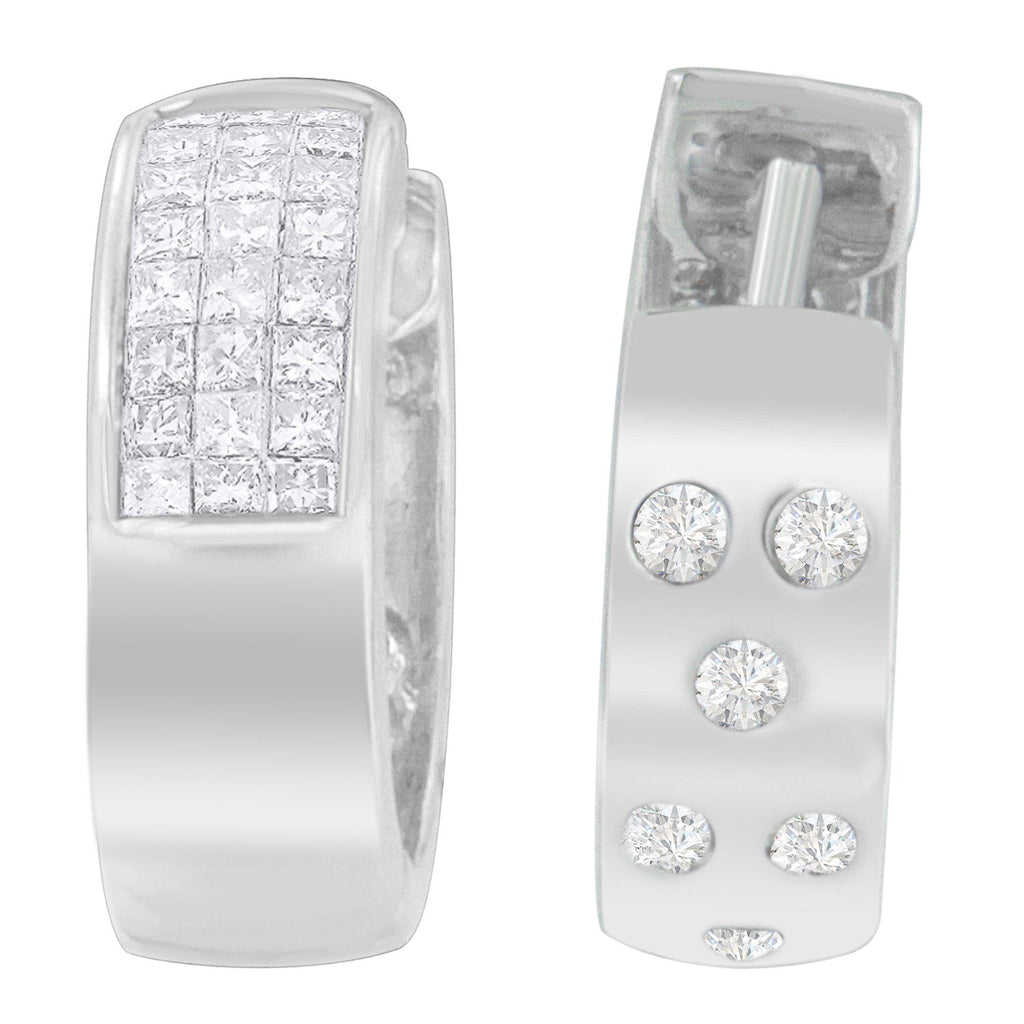 14K White Gold 1 1/8 cttw Princess and Round Cut Diamond Huggie Earrings (H-I, VS1-VS2)-2