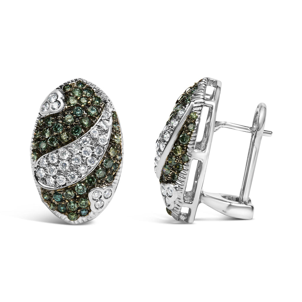 14K White Gold 2.00 Cttw White and Treated Blue Diamond Oval Shield Omega Back Earrings (H-I Color, SI1-SI2 Clarity)-2