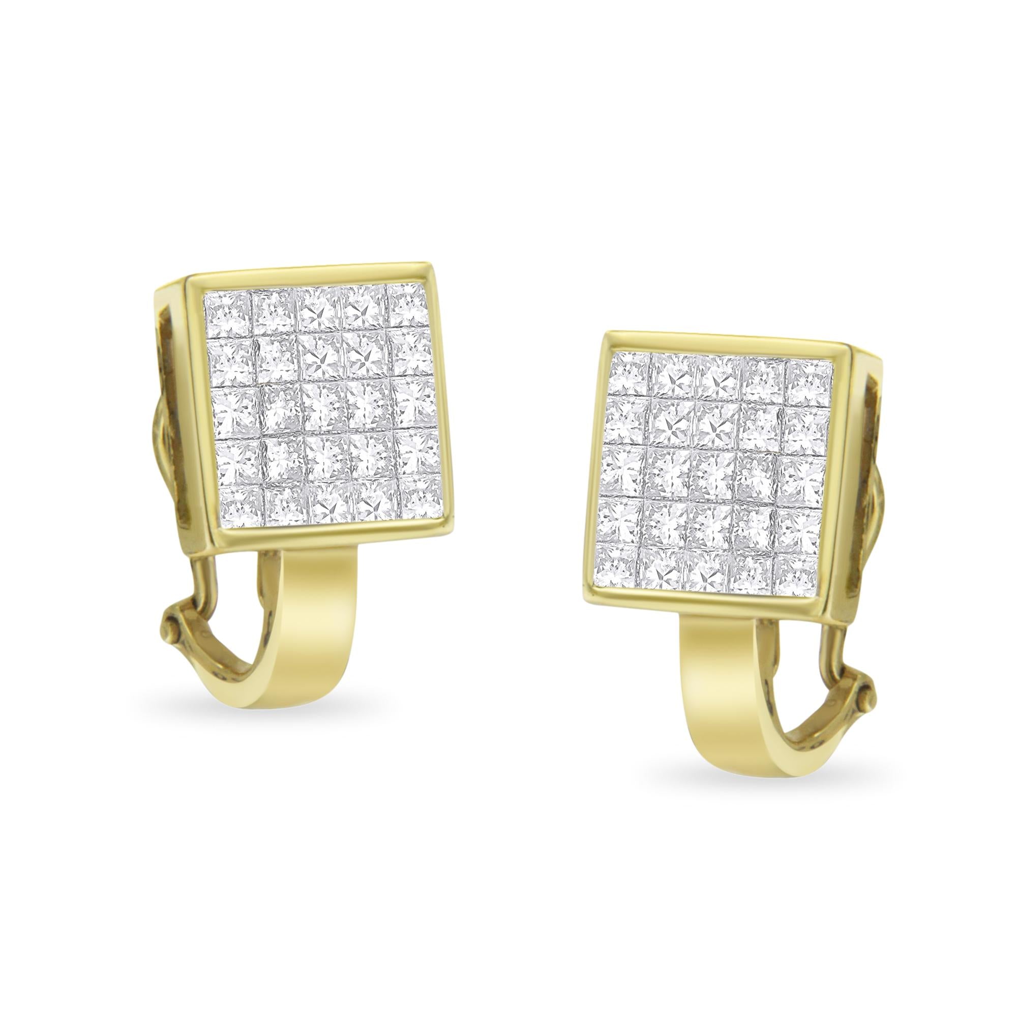 14K Yellow Gold 3-1/5 Cttw Princess Cut Diamond ¾ Square Invisible Set Grid Huggy Style Omega Back Stud Earrings (G-H Color, VS1-VS2 Clarity)-2