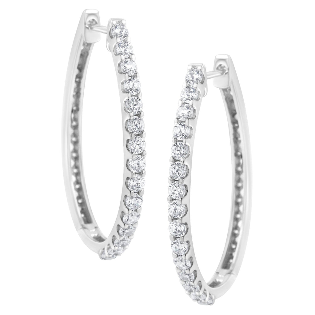 14K White Gold 2.0 Cttw Round Brilliant Cut Diamond Oblong Hinged Leverback Hoop Earrings (I-J Color, I1-I2 Clarity)-2