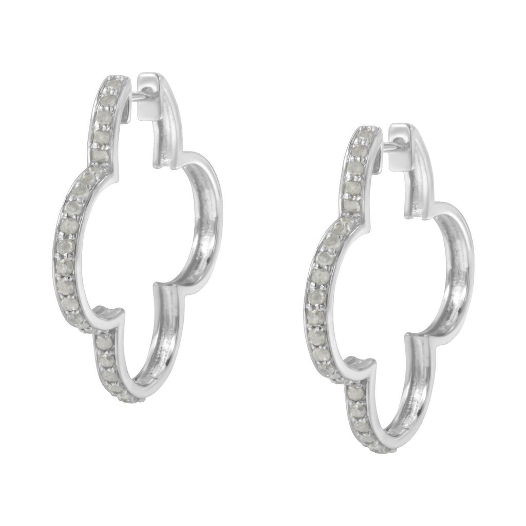 .925 Sterling Silver 1.0 cttw Diamond 4 Leaf Clover Shape Hoop Earrings(I-J Color, I3 Clarity)-2