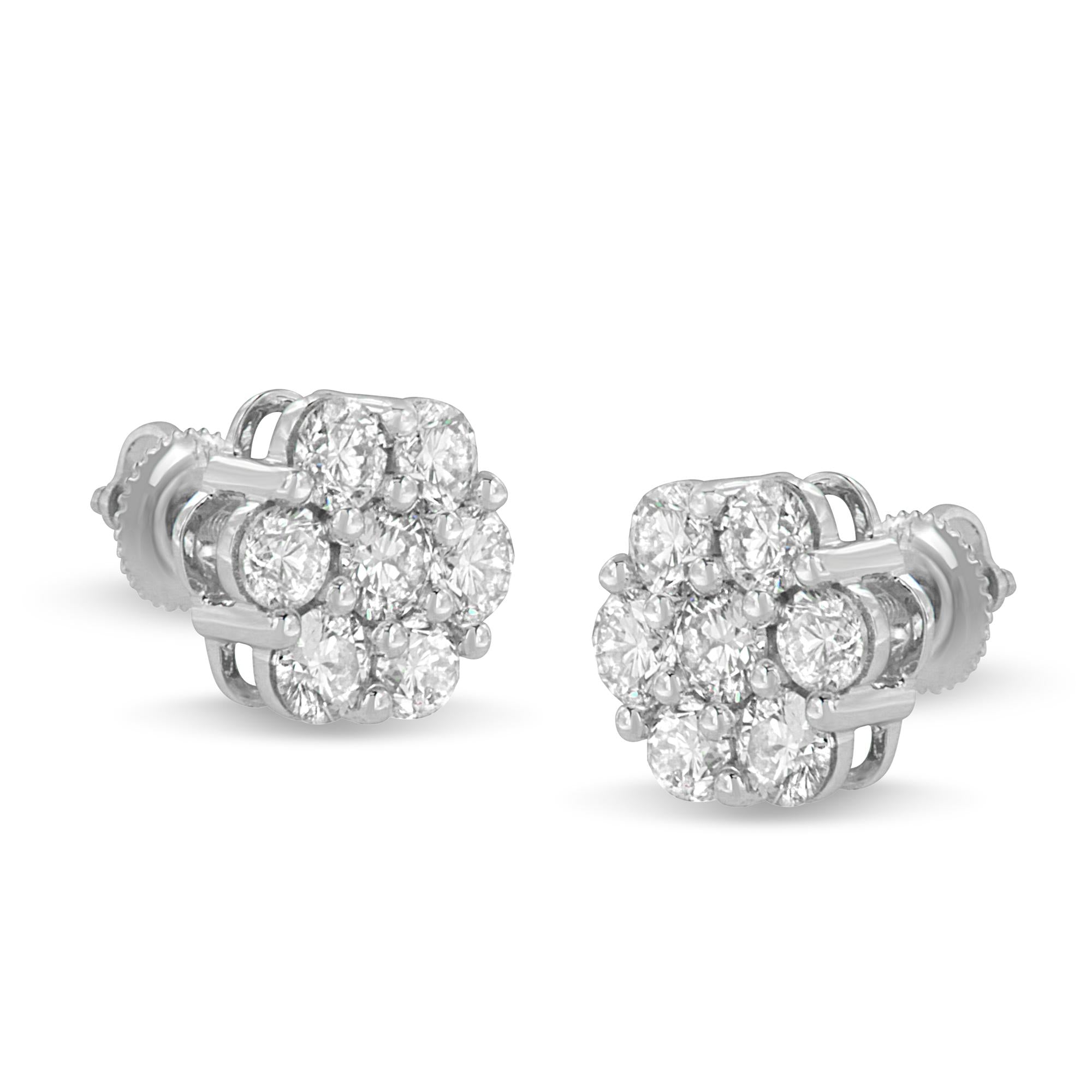 14K White Gold 3 cttw Prong Set Round-Cut Diamond Floral Cluster Stud Earring (I-J Color, SI1-SI2 Clarity)-2