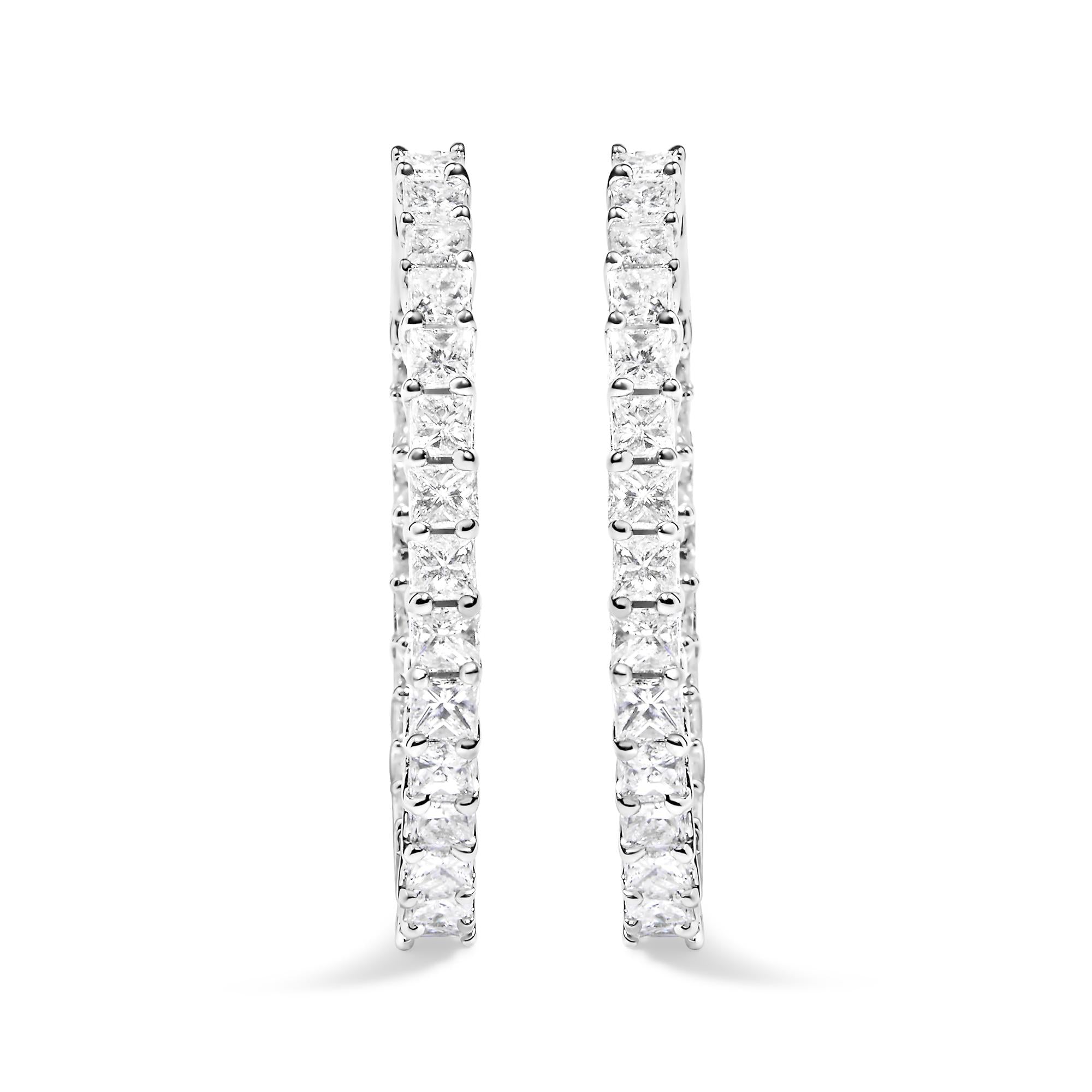 14K White Gold Natural Princess Cut Diamond Inside Out Hoop Earrings (G-H Color, SI2-I1 Clarity)-4