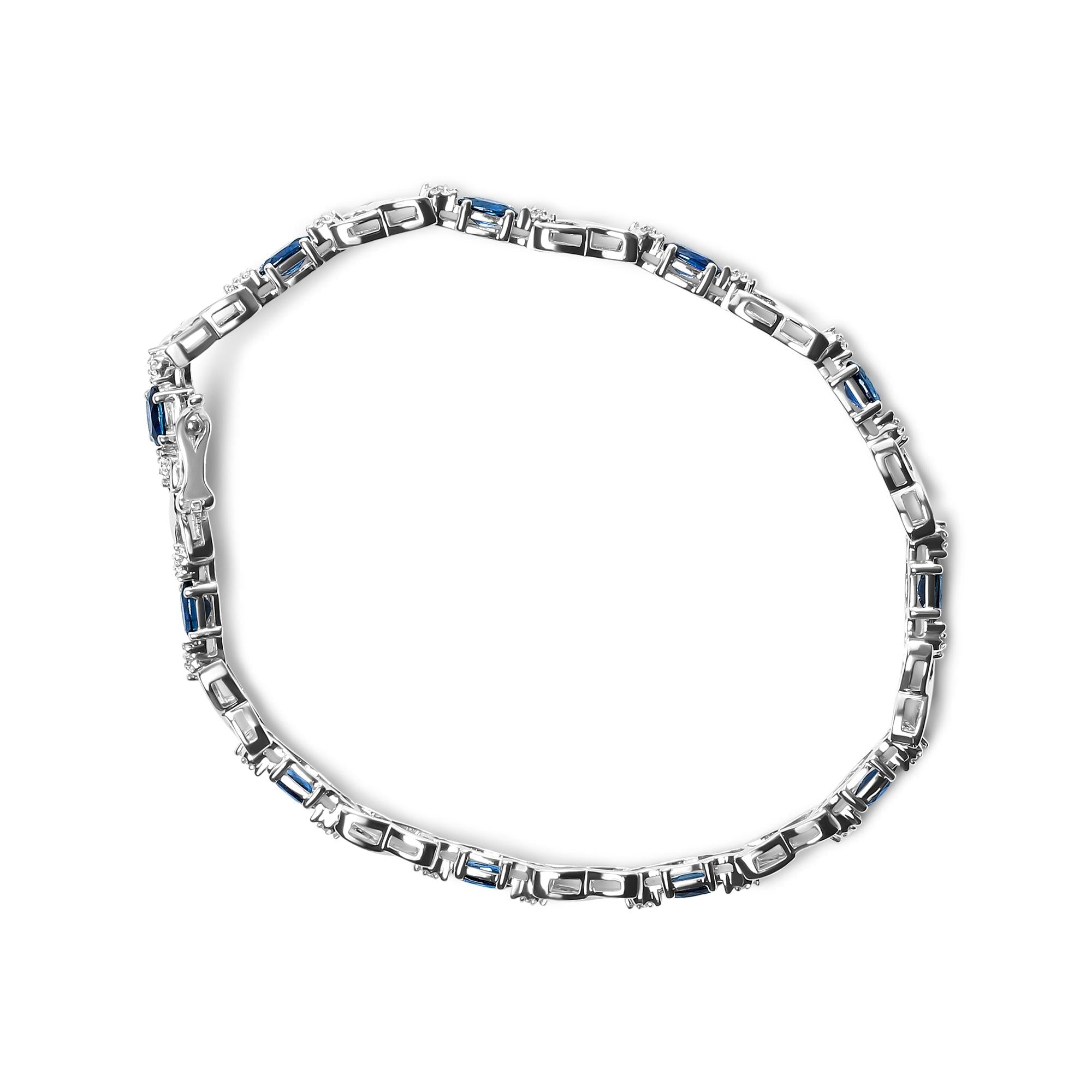 10K White Gold 5x4mm Oval Sapphire Gemstone and 1/10 Cttw Diamond Prong Set "X" Link Bracelet - Size 7" (H-I Color, SI1-SI2 Clarity)-2
