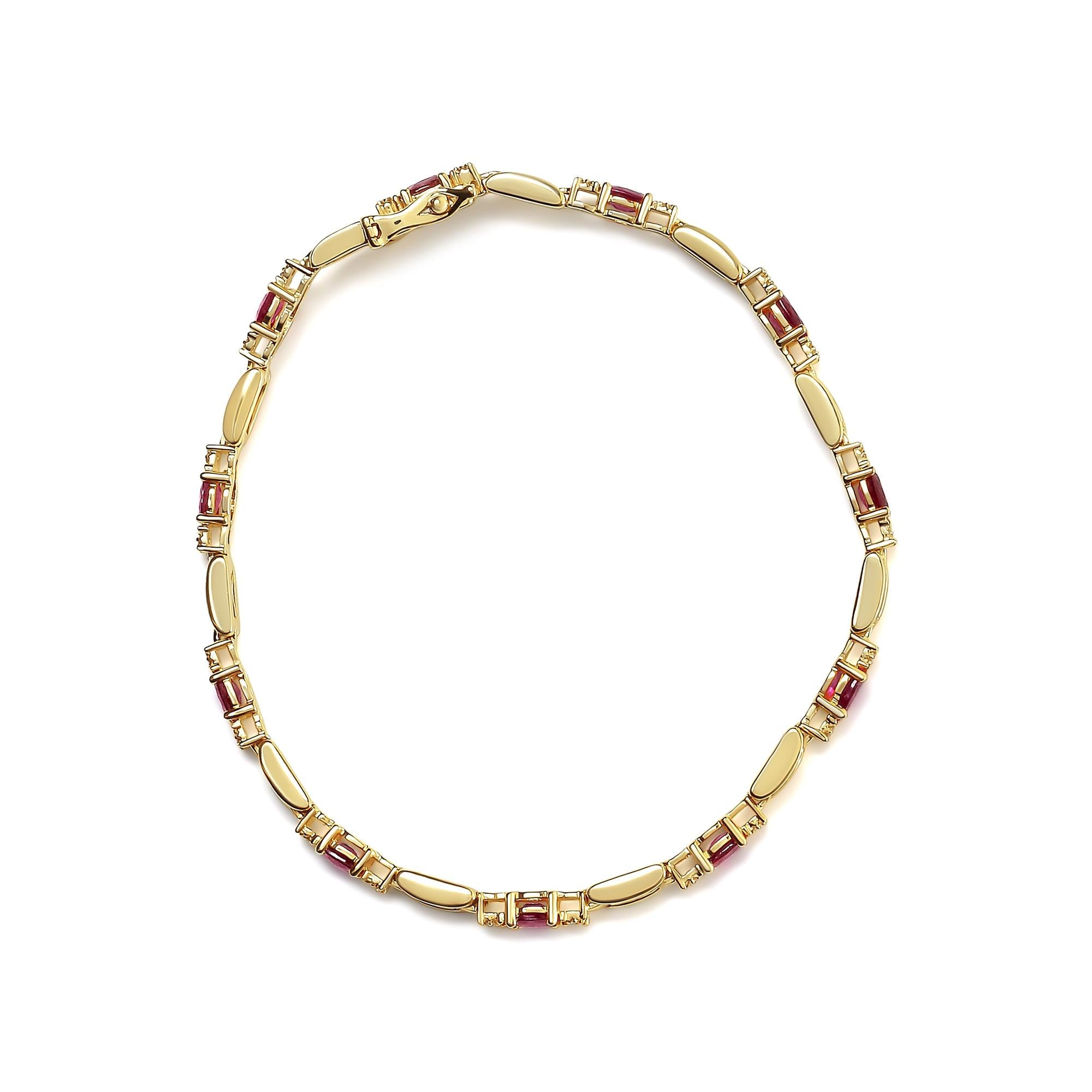 10K Yellow Gold Oval Ruby and 1/10 Cttw Diamond Bar Prong Set Bracelet (H-I Color, SI1-SI2 Clarity)  - Size 7"-2
