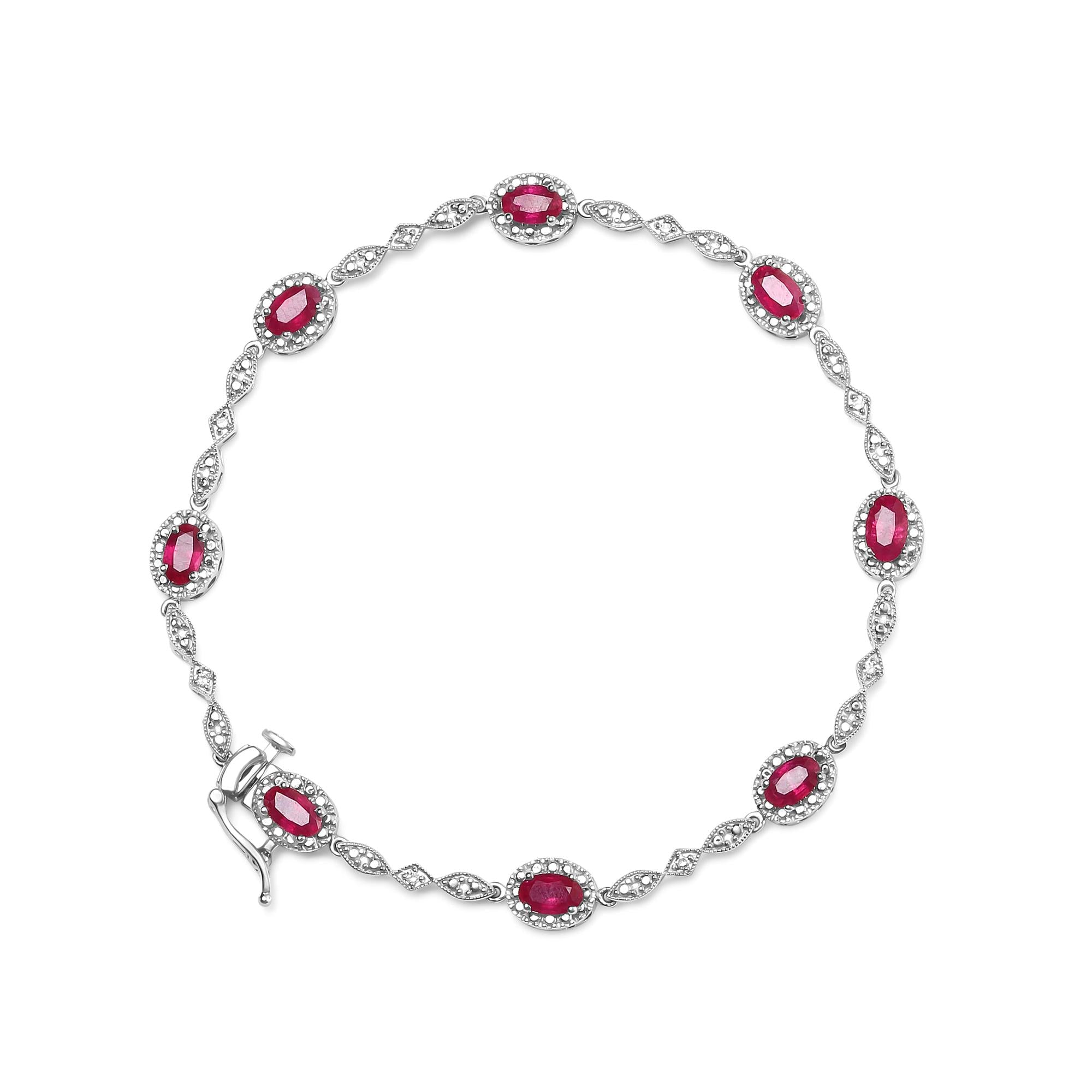 10K White Gold 4.5mm x 3mm Oval Ruby and Diamond Link Bracelet (H-I Color, SI1-SI2 Clarity)  - Size 7"-2