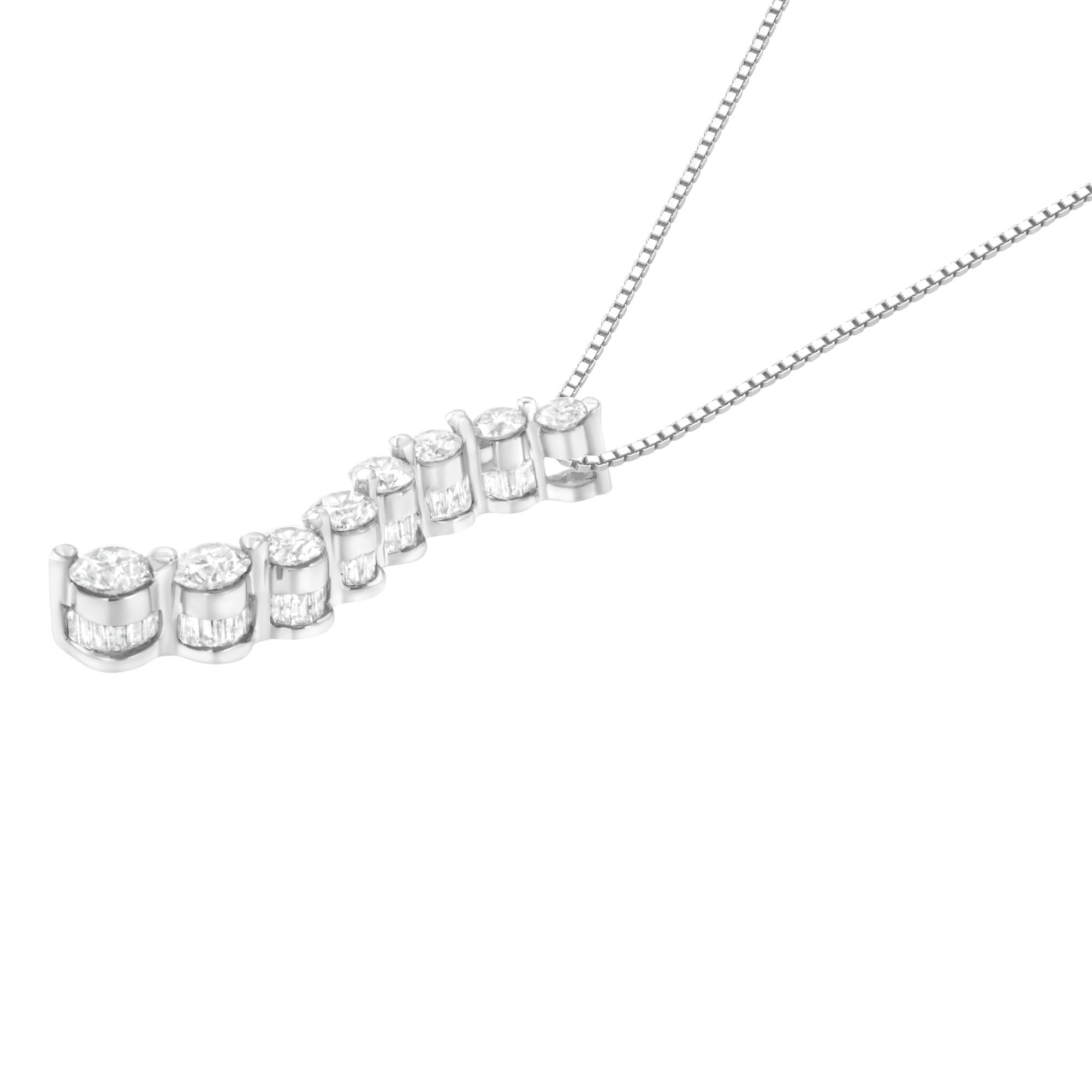 14K White Gold 3.0 Cttw Round-Brilliant & Baguette Cut Diamond S Shaped Graduated 18" Pendant Necklace (I-J Color, I2-I3 Clarity)-2