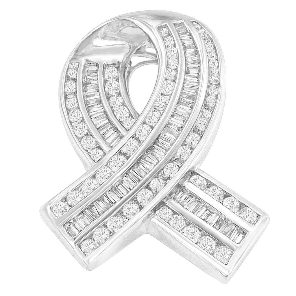 14K White Gold 2 5/8 Cttw Channel Set Round and Baguette Diamond Awareness Ribbon Pendant (H-I Color, I1-I2 Clarity) - Chain Not Included-2