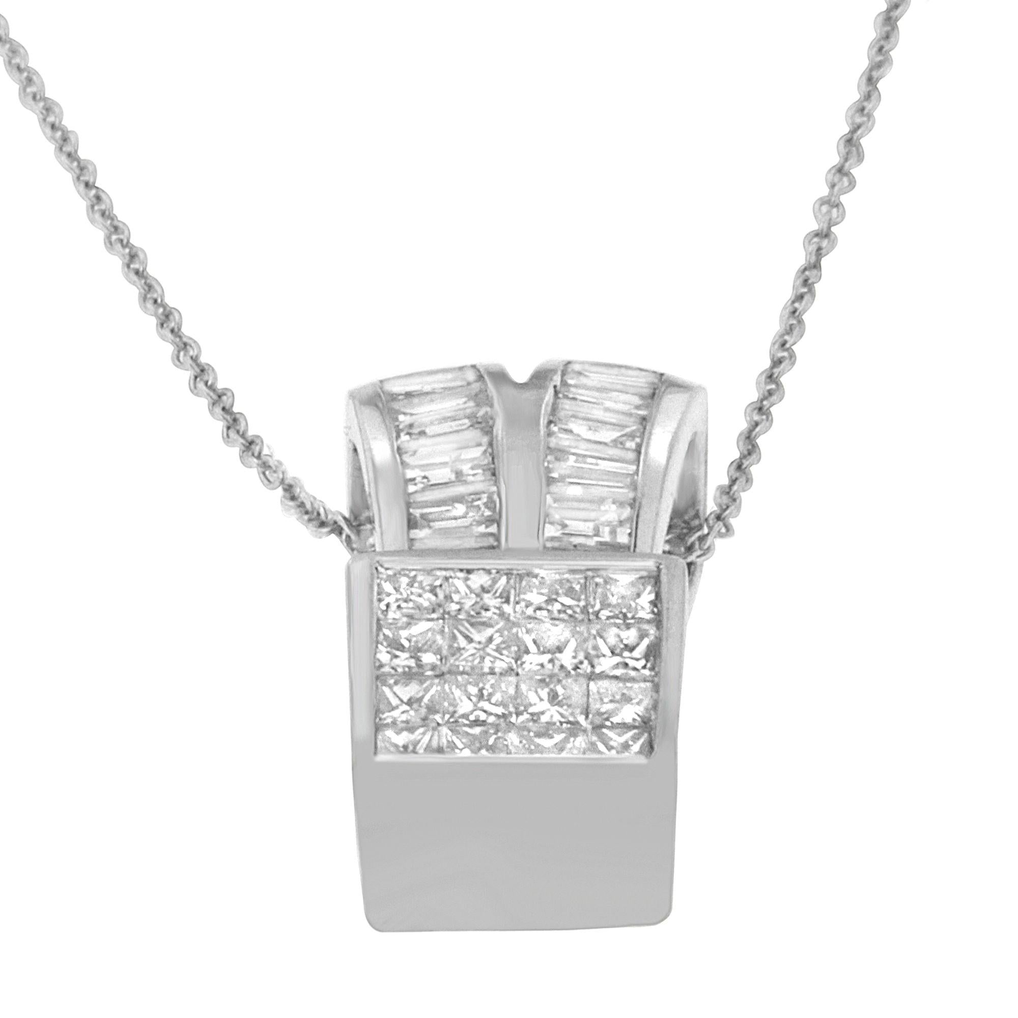 14K White Gold 1 5/8 cttw Princess and Baguette Cut Diamond Heart Ribbon Pendant Necklace (G-H, VS1-VS2)-2