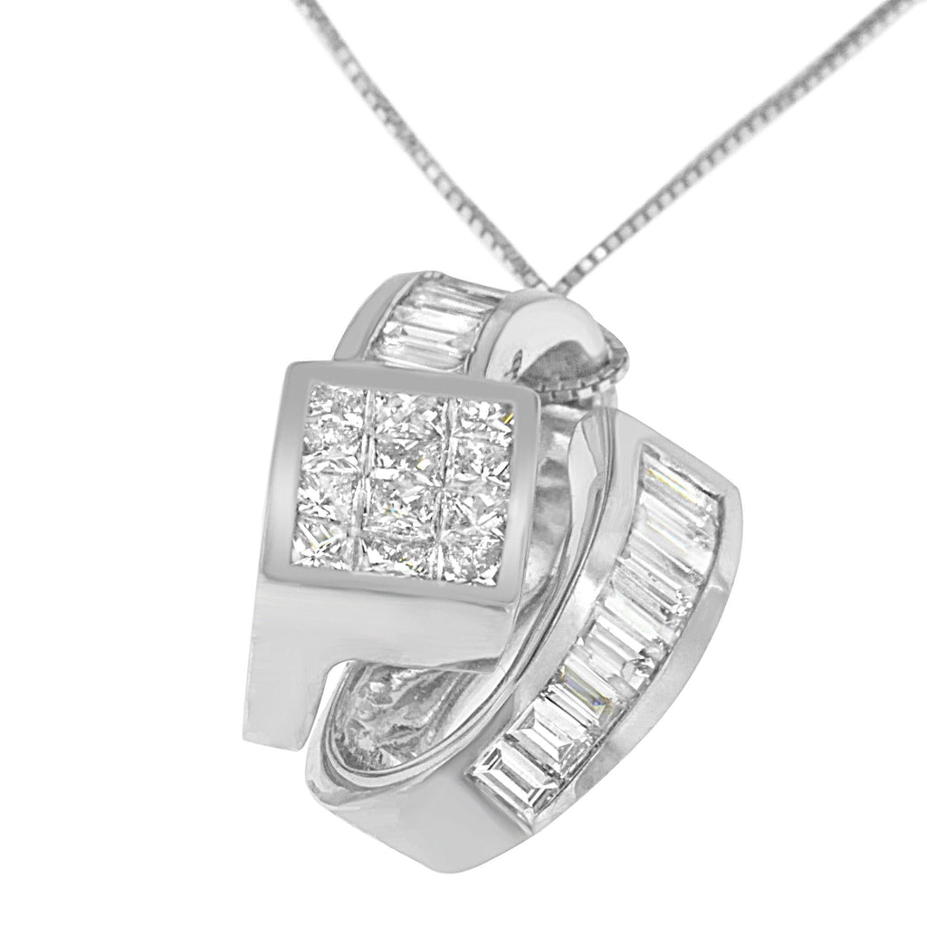 14K White Gold 2 cttw Princess and Baguette Cut Diamond Double Loop Pendant Necklace (G-H, VS1-VS2)-2