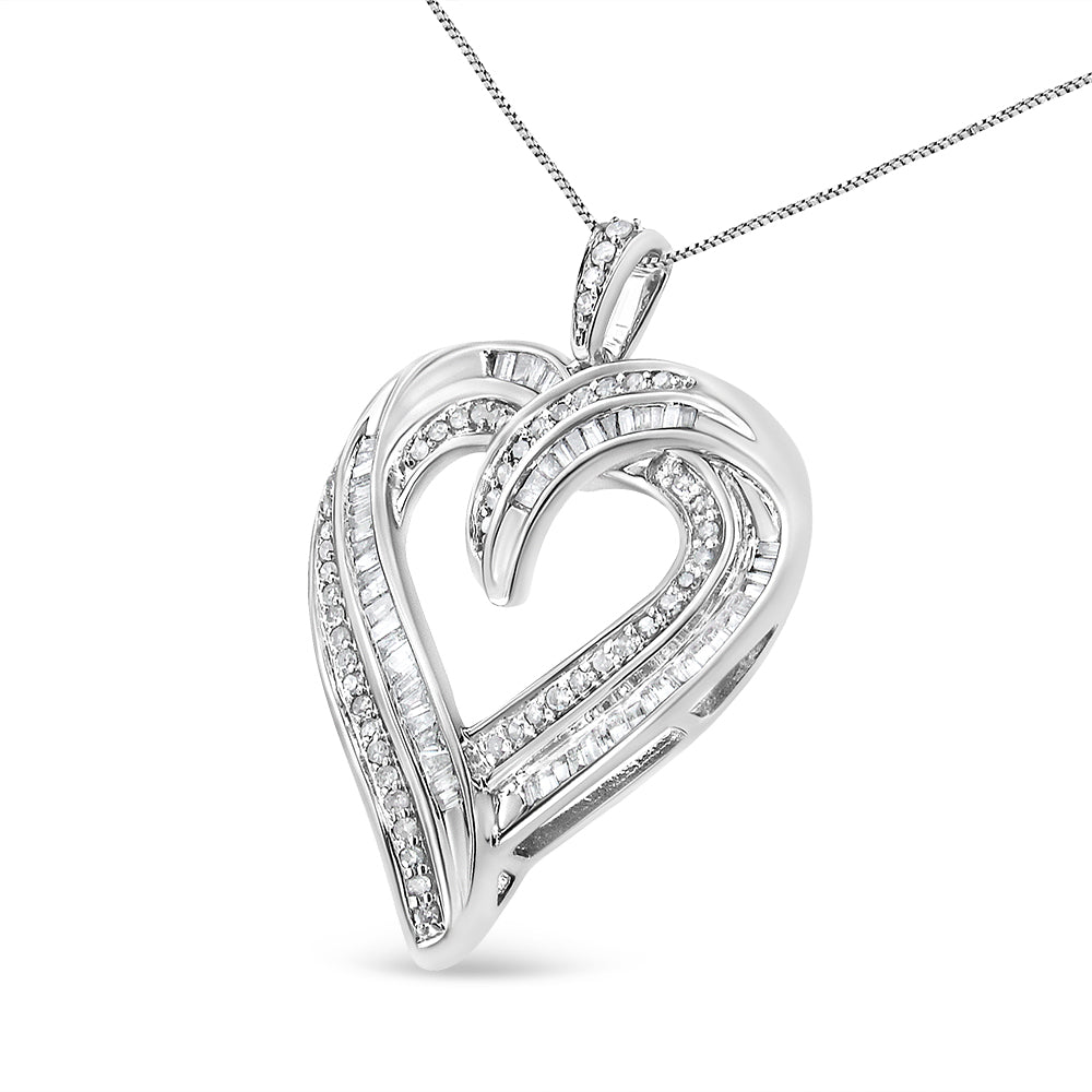 .925 Sterling Silver 3/4 Cttw Round and Baguette-Cut Diamond Open Heart 18" Pendant Necklace (I-J Color, I2-I3 Clarity)-4