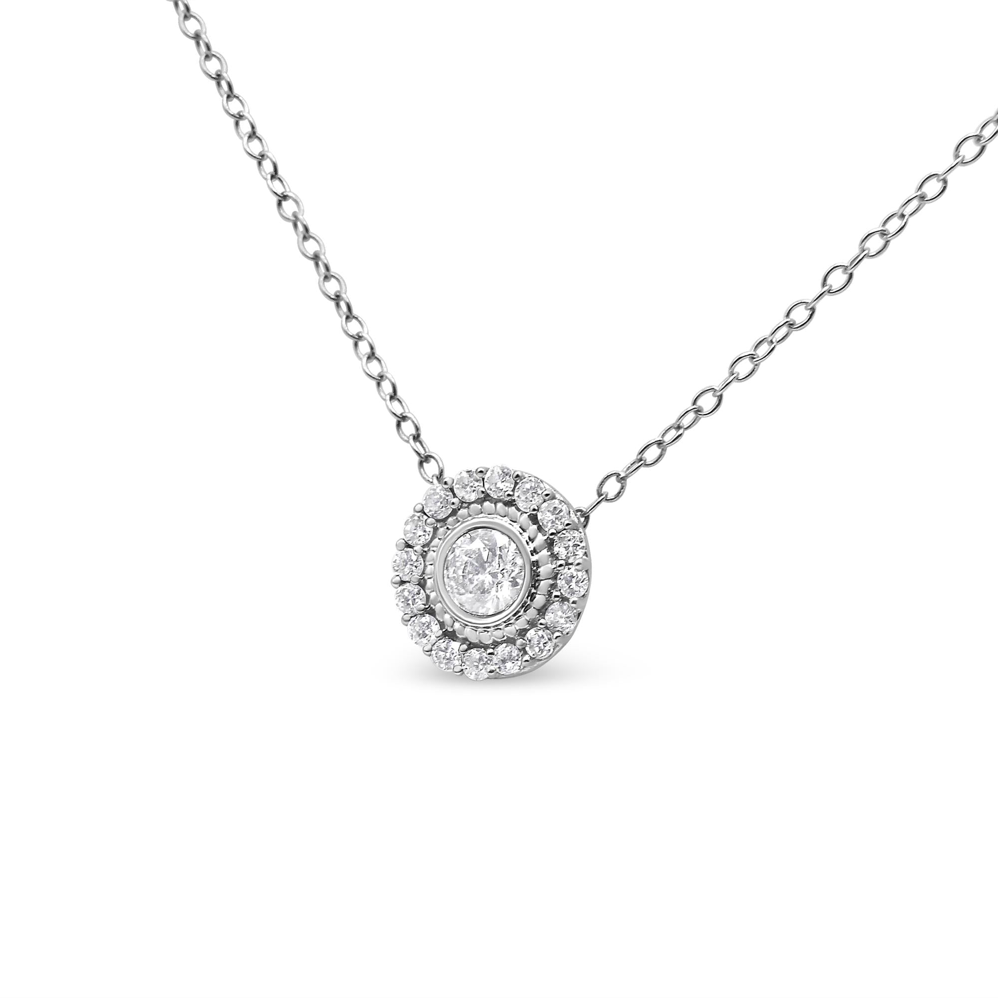 .925 Sterling Silver 1/2 Cttw Round Diamond Halo Circle Pendant 18" Necklace (I-J Color, I2-I3 Clarity)-2