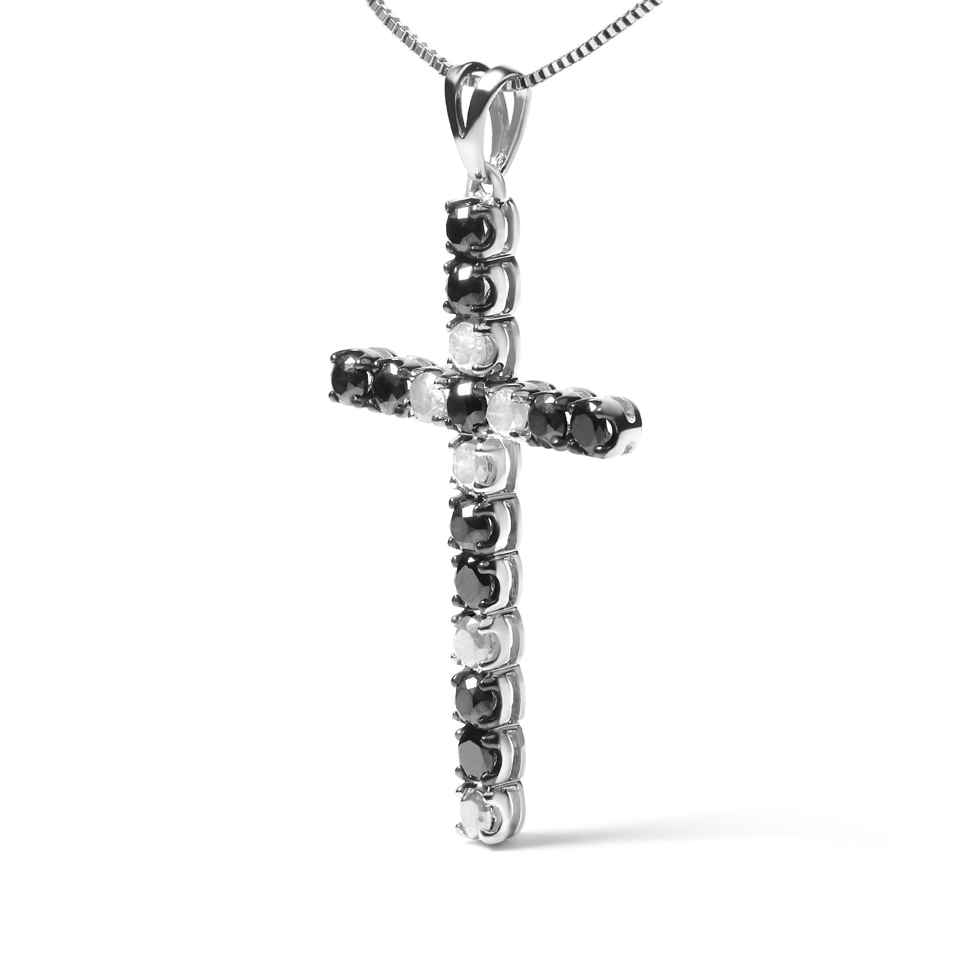 .925 Sterling Silver 1.0 Cttw Black and White Diamond Alternating Classic Cross 18" Pendant Necklace (Black/I-J Color, I3 Clarity)"-2