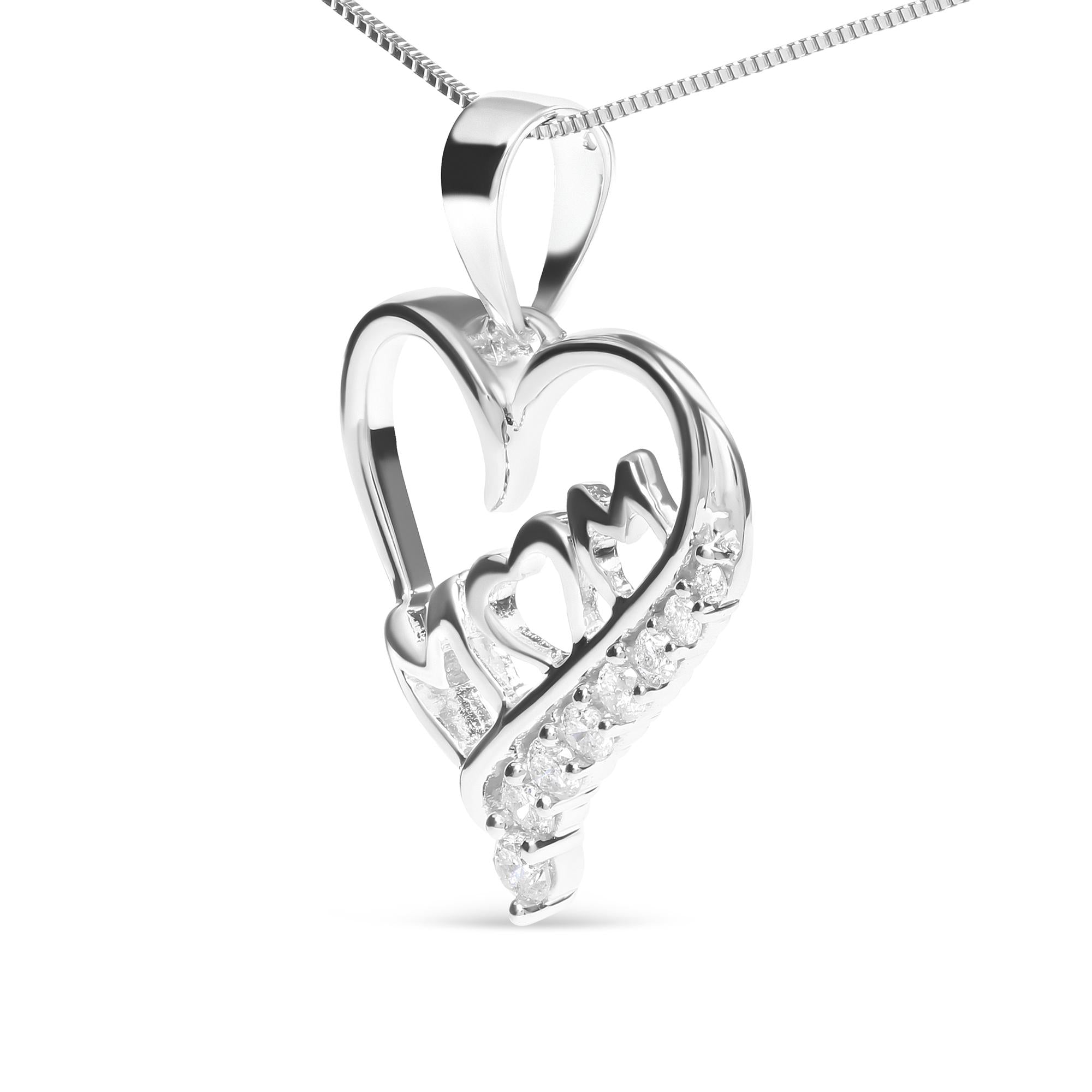 .925 Sterling Silver 1/4 Cttw Diamond  "Mom" and Open Heart 18" Pendant Necklace (I-J Color, I2-I3 Clarity)-2