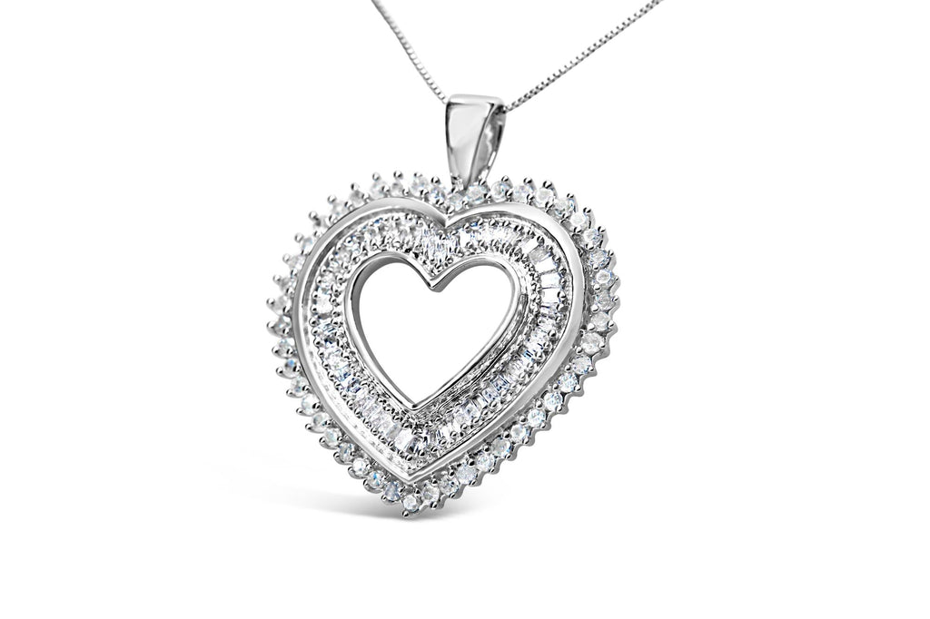 .925 Sterling Silver 1.0 Cttw Baguette and Round Diamond  Heart Pendant 18" Necklace (H-I Color, I3 Clarity)-2