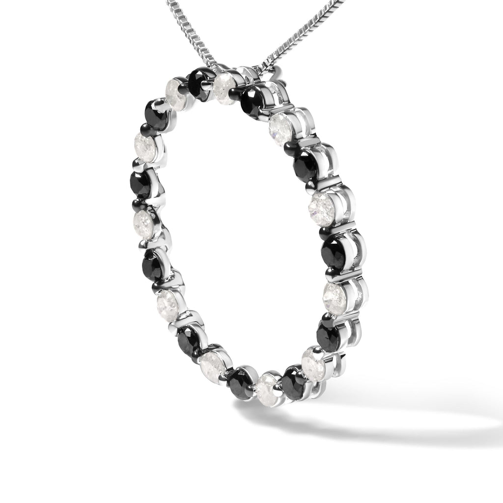 .925 Sterling Silver 1 3/4 Cttw Alternating Black and White Diamond Open Circle Hoop Pendant Necklace (H-I Color, I2-I3 Clarity) - 18" Inches-2