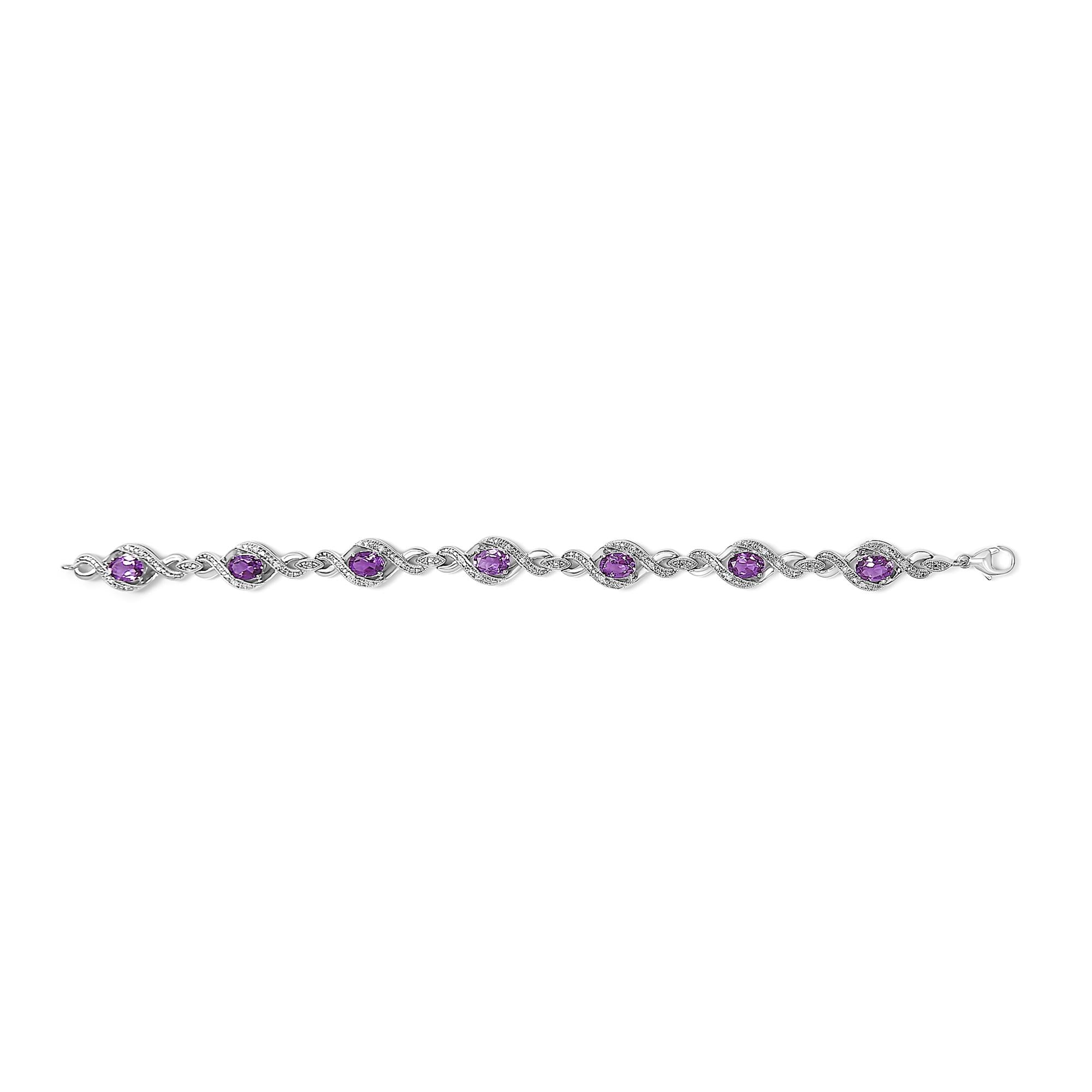 .925 Sterling Silver 1/10 Cttw Natural Round Diamond and 7X5MM Oval Amethyst Cross Tennis Bracelet (I-J Color, I1-I2 Clarity) - 7"-2