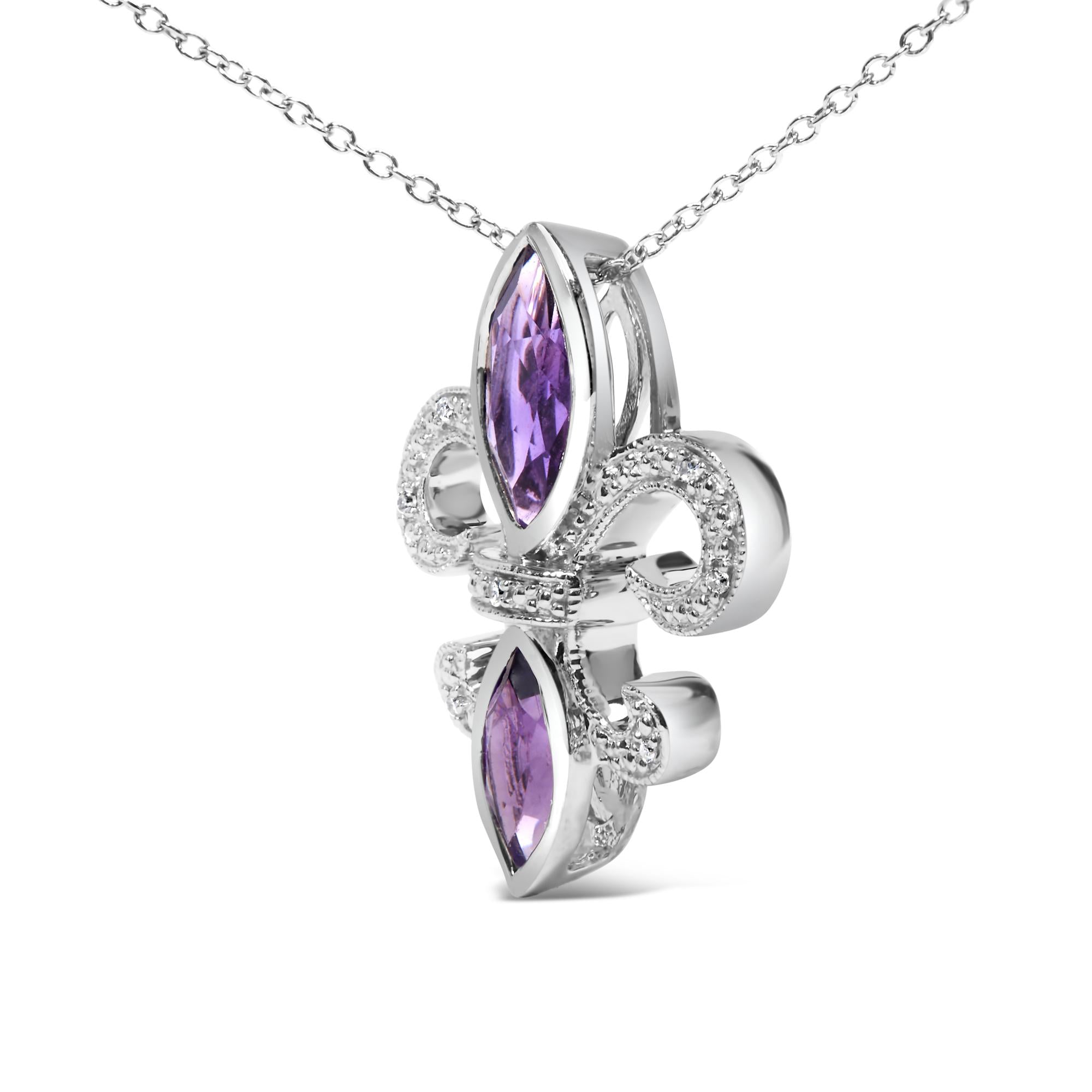 .925 Sterling Silver Purple Amethyst Marquise and Diamond Accent Fleur De Lis Pendant Necklace (H-I Color, SI1-SI2 Clarity) - Size 18"-2