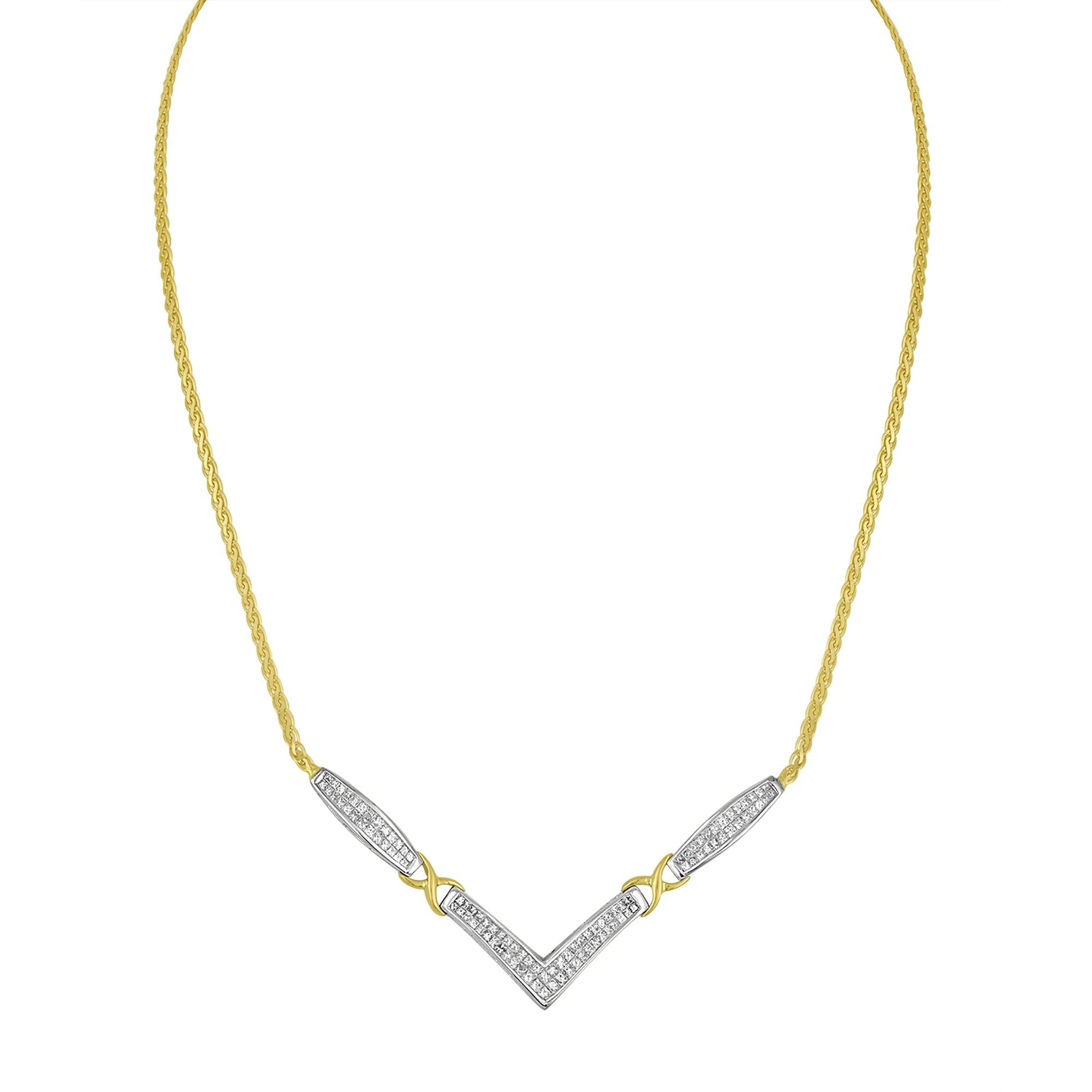 14K Yellow and White Gold 2.0 Cttw Princess Cut Diamond Flared and X-Station V Shaped 18” Franco Chain Statement Necklace (H-I Color, SI2-I1 Clarity)-2