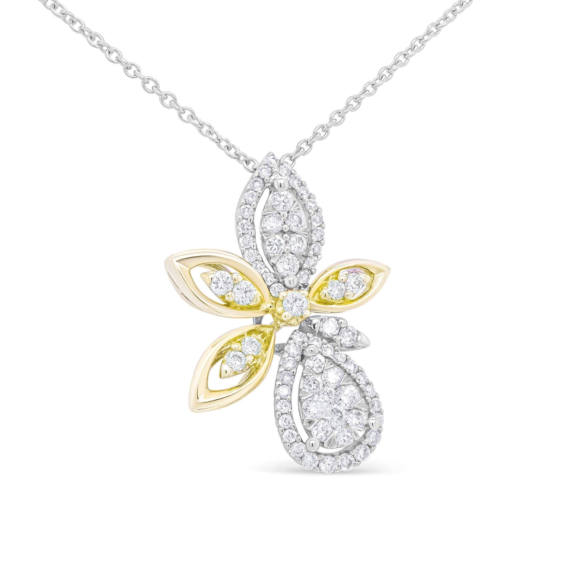 14K White and Yellow Gold 5/8 Cttw Round Diamond Marquise Floral Style 18" Pendant Necklace (H-I Color, I1-I2 Clarity)-2