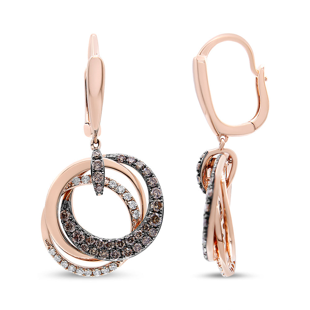 14K Rose Gold 1.00 Cttw White and Brown Diamond Intertwining Hoops and Circle Dangle Earrings (H-I/Brown Color, SI1-SI2 Clarity)-2