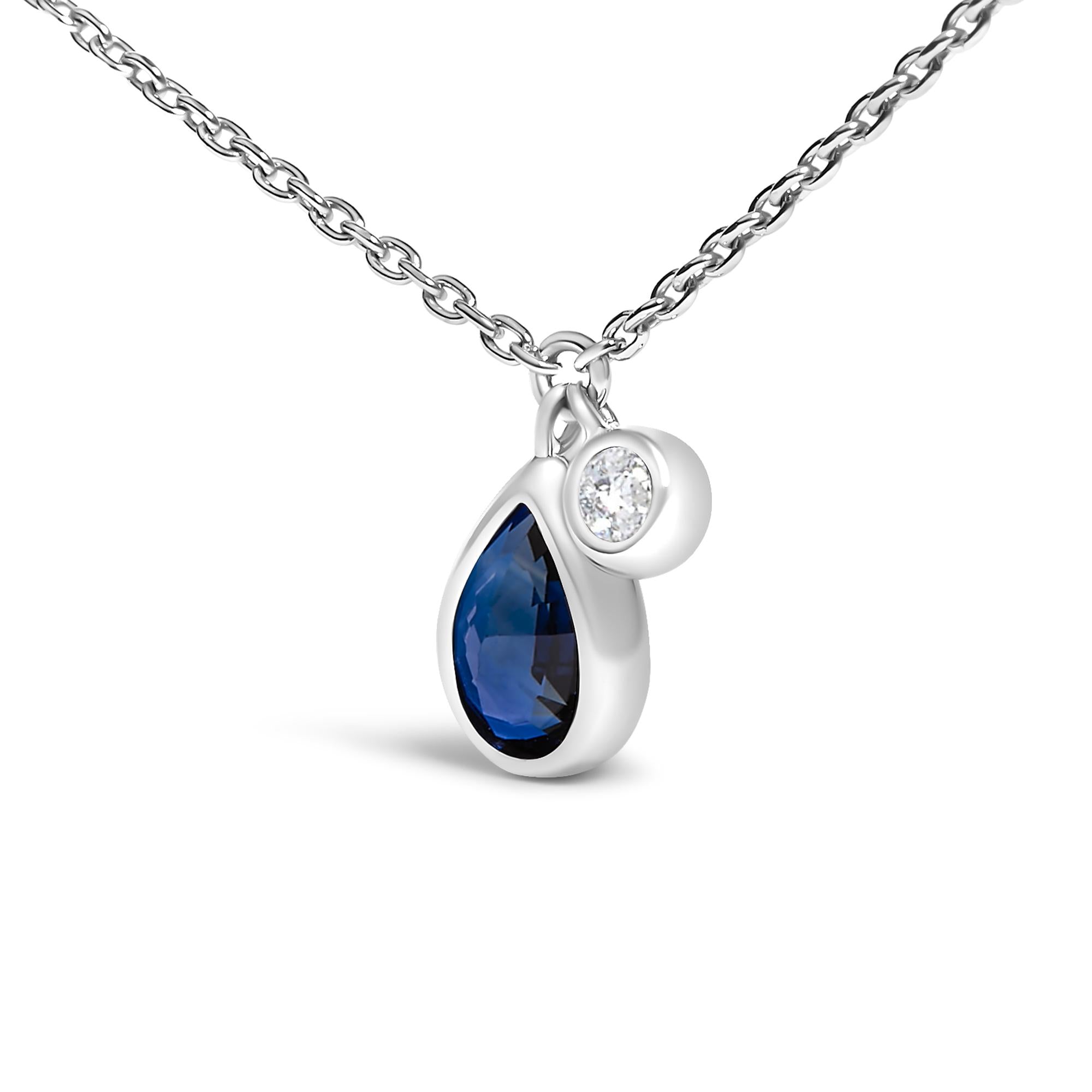 14K White Gold 6x4mm Pear Blue Sapphire and Diamond Accent Charm Pendant Necklace - 18" Inches-2