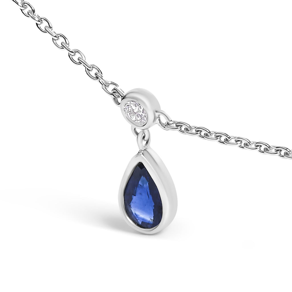 10K White Gold Dangling 5x3 mm Pear Blue Sapphire and Diamond Station Necklace - 18" Inches-2