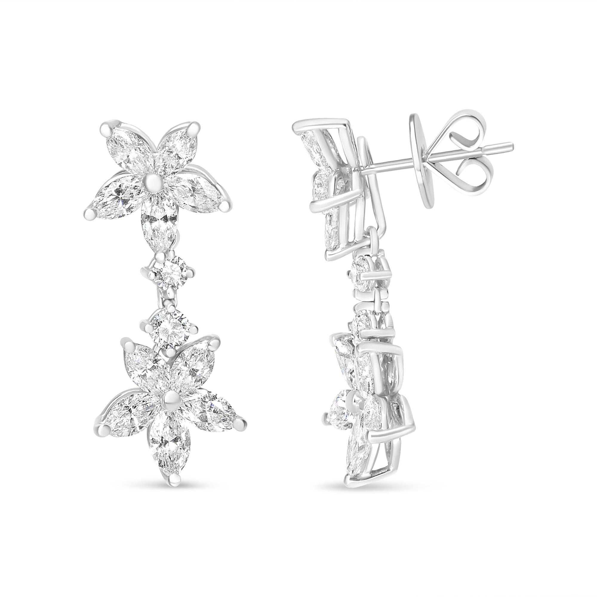 18k White Gold 6.0 Cttw Marquise Diamond Floral Dangle Drop Earrings (E-F Color, VS1-VS2 Clarity)-2