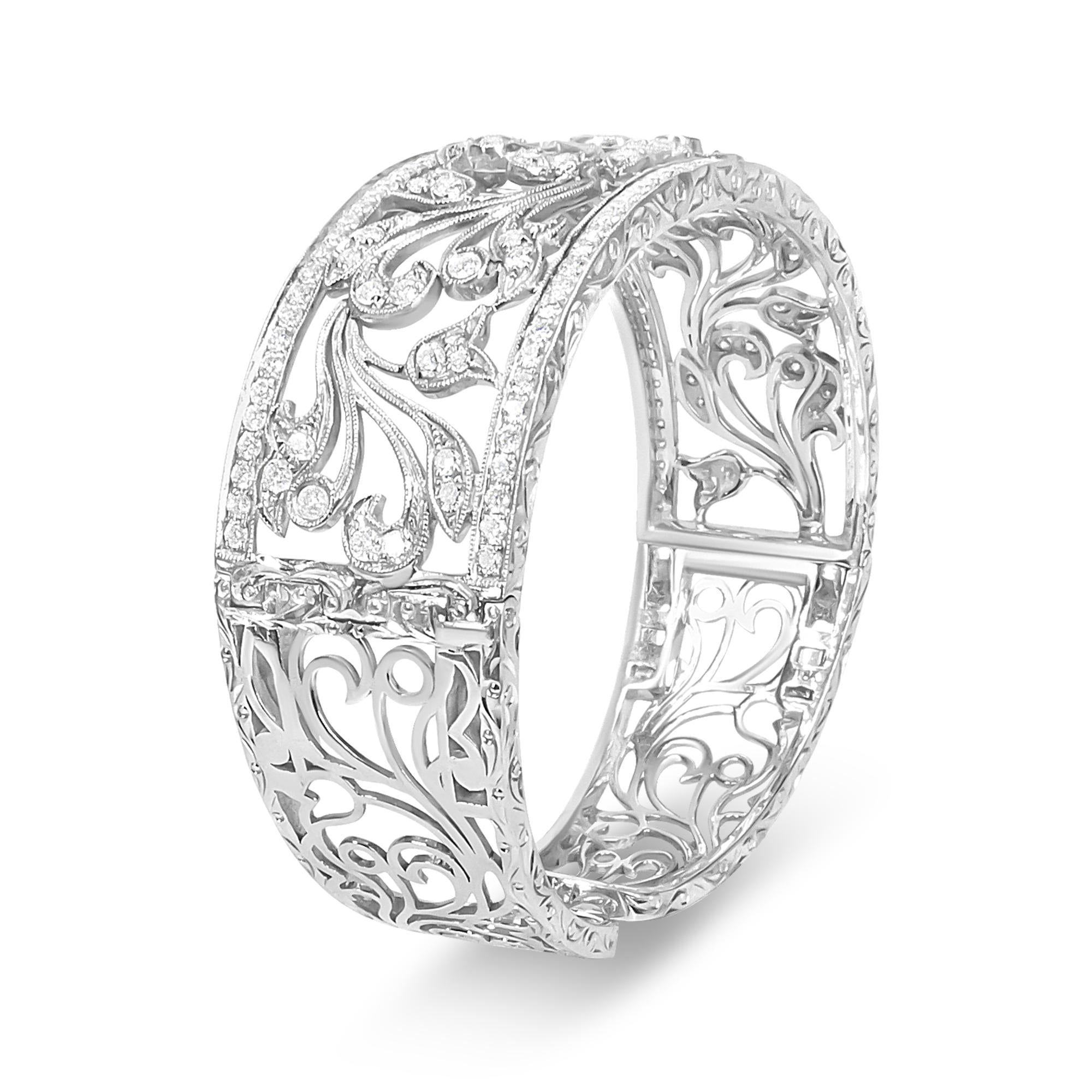 18K White Gold 3 1/4 Cttw Pave Diamond Openwork Floral Filigree Swirl Bangle Cuff Bracelet (H-I Color, VS2-SI1 Clarity)-2