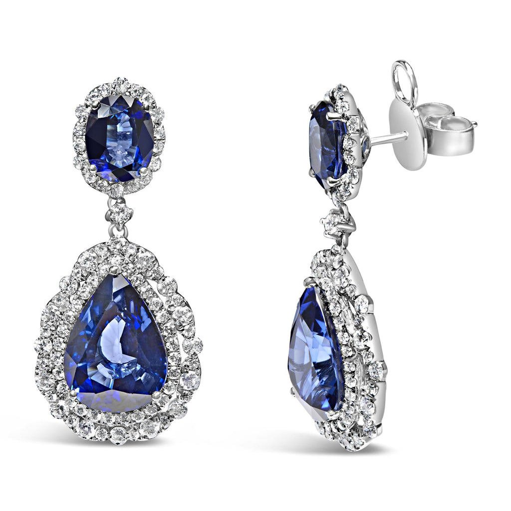 18K White Gold Blue Sapphire 2 3/4 Cttw Diamond Halo Drop Dangle Earring (G-H Color, SI1-SI2 Clarity)-2