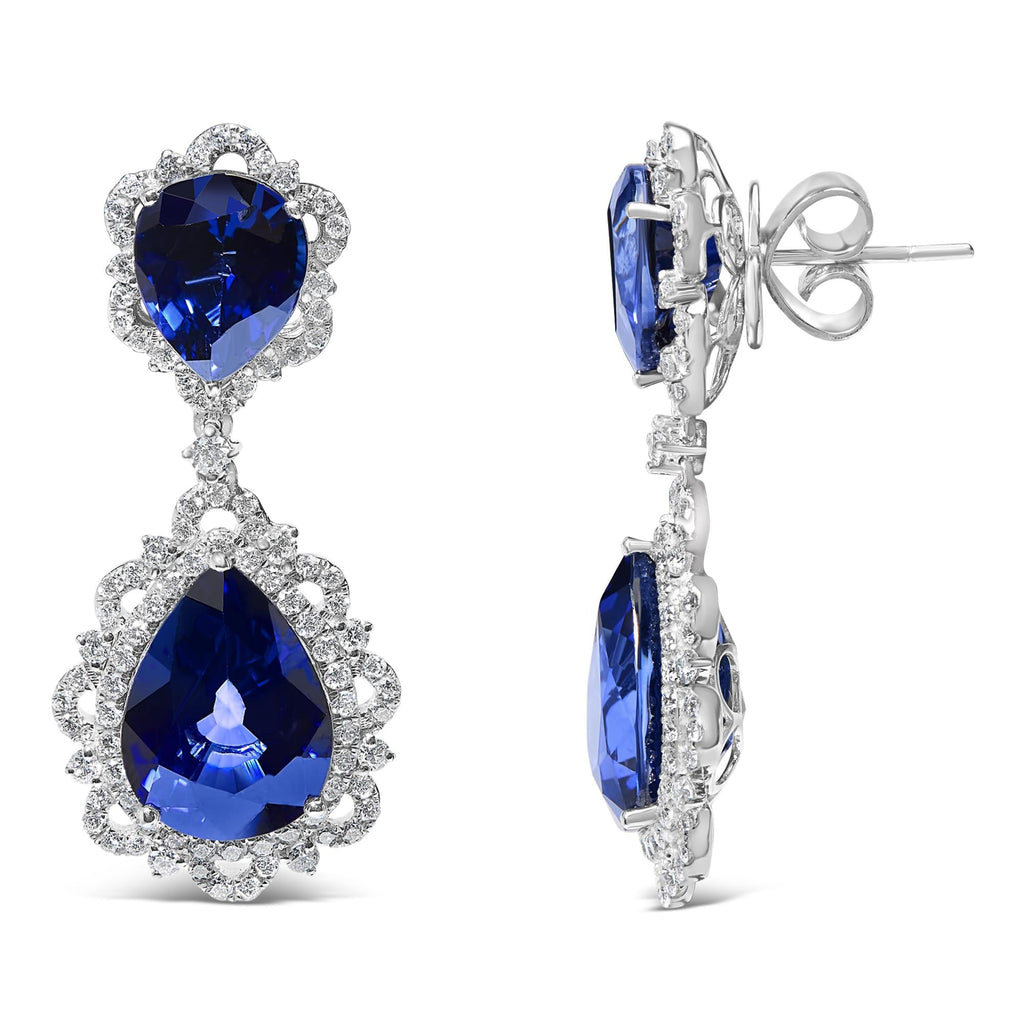 18K White Gold Blue Sapphire and Diamond 2.00 Cttw Diamond Halo Drop and Dangle Earring (G-H Color, SI1-SI2 Clarity)-2