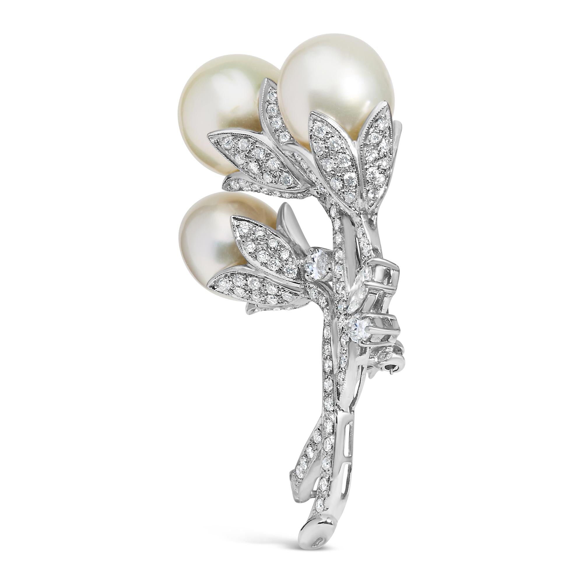 18K White Gold 2 1/5 Cttw Diamond and South Sea Pearl Floral Brooch Pin (G-H Color, VS1-VS2 Clarity)-2